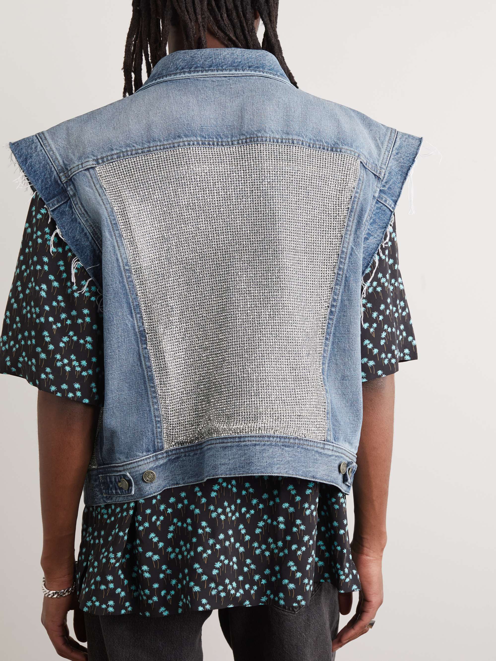 CELINE HOMME Oversized Crystal-Embellished Distressed Denim Gilet