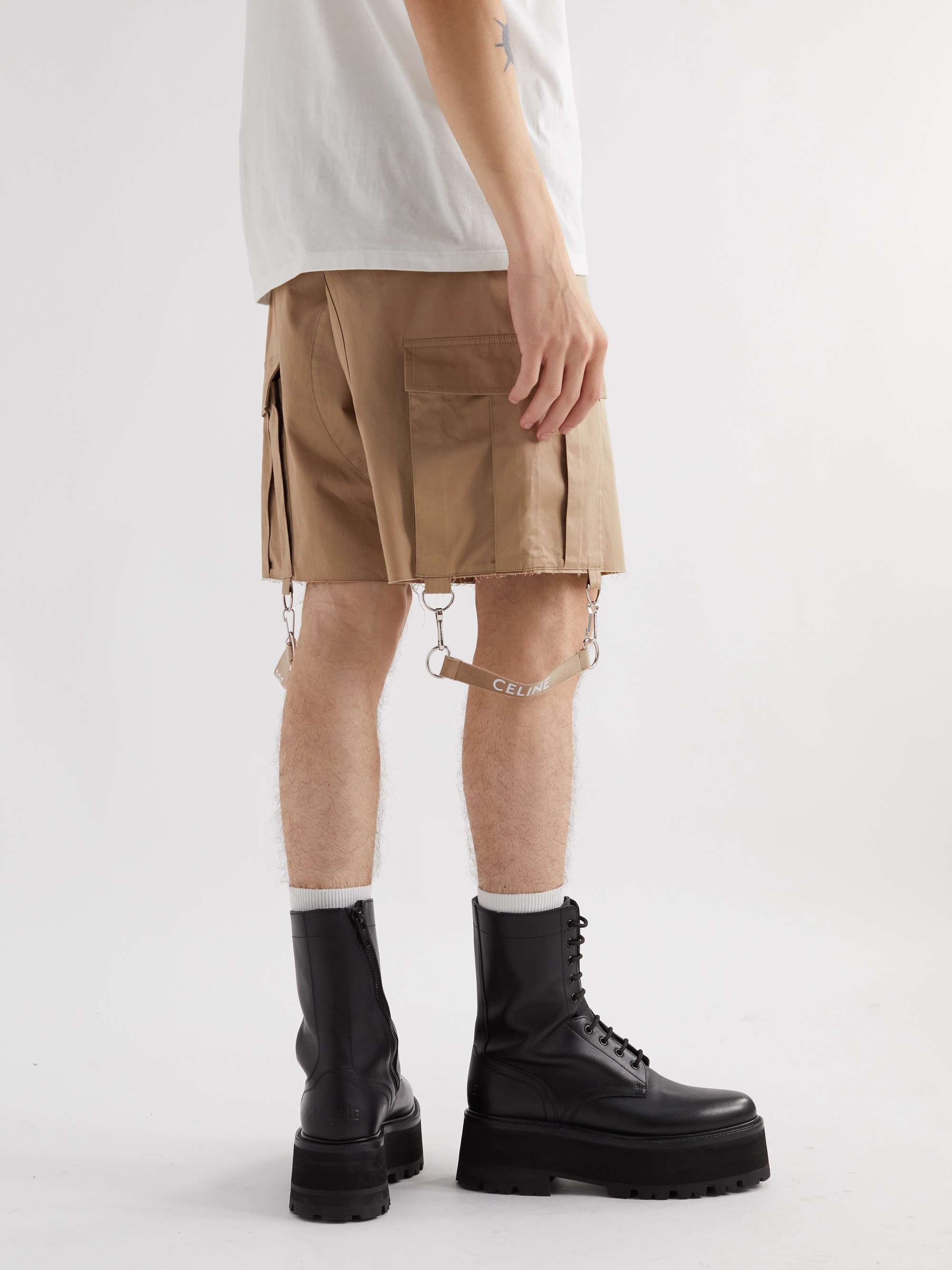 CELINE HOMME Wide-Leg Strap-Detailed Cotton and Linen-Blend Cargo Shorts