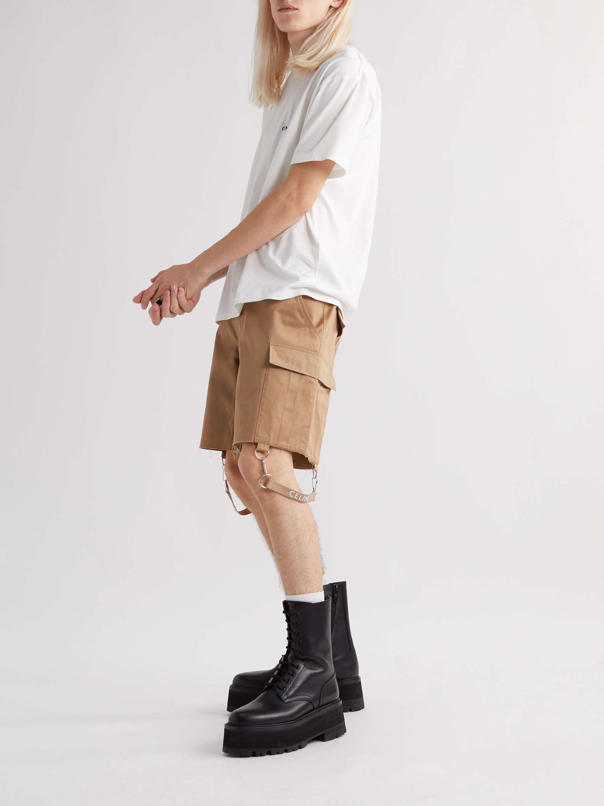 CELINE HOMME Wide-Leg Strap-Detailed Cotton and Linen-Blend Cargo Shorts