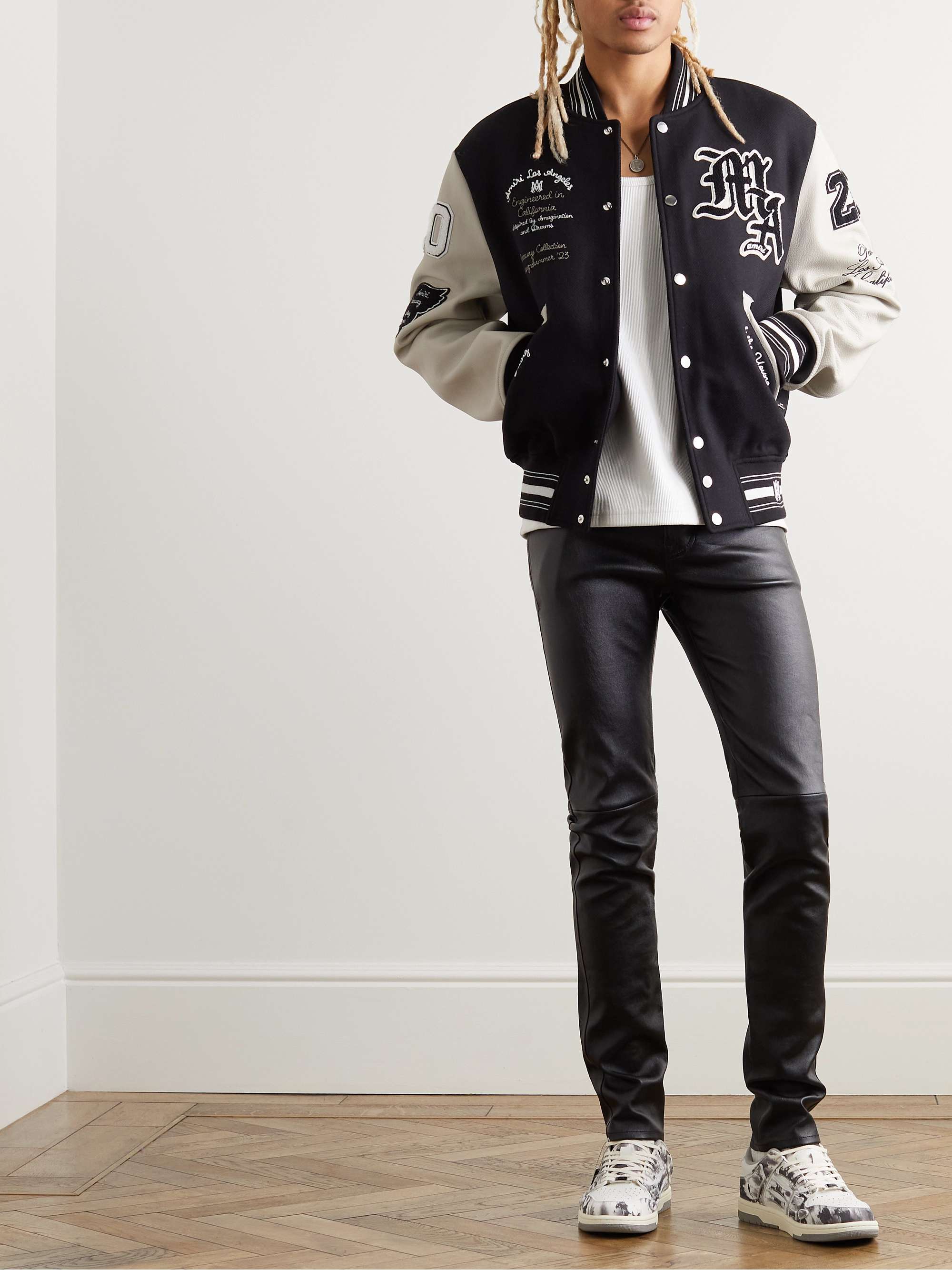 AMIRI Appliquéd Embroidered Wool-Blend Twill and Leather Varsity