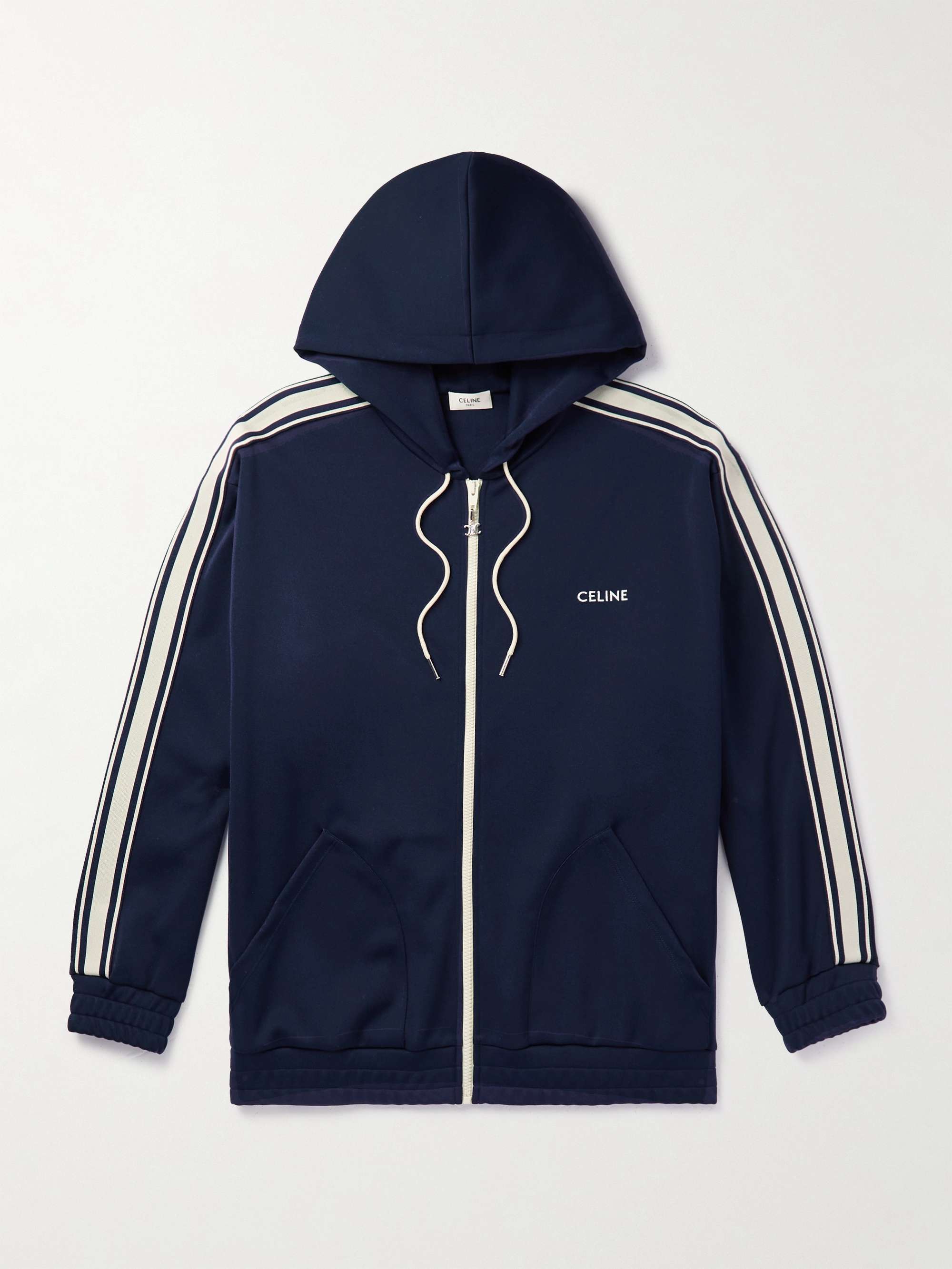 CELINE Logo-Embroidered Striped Jersey Zip-Up Hoodie