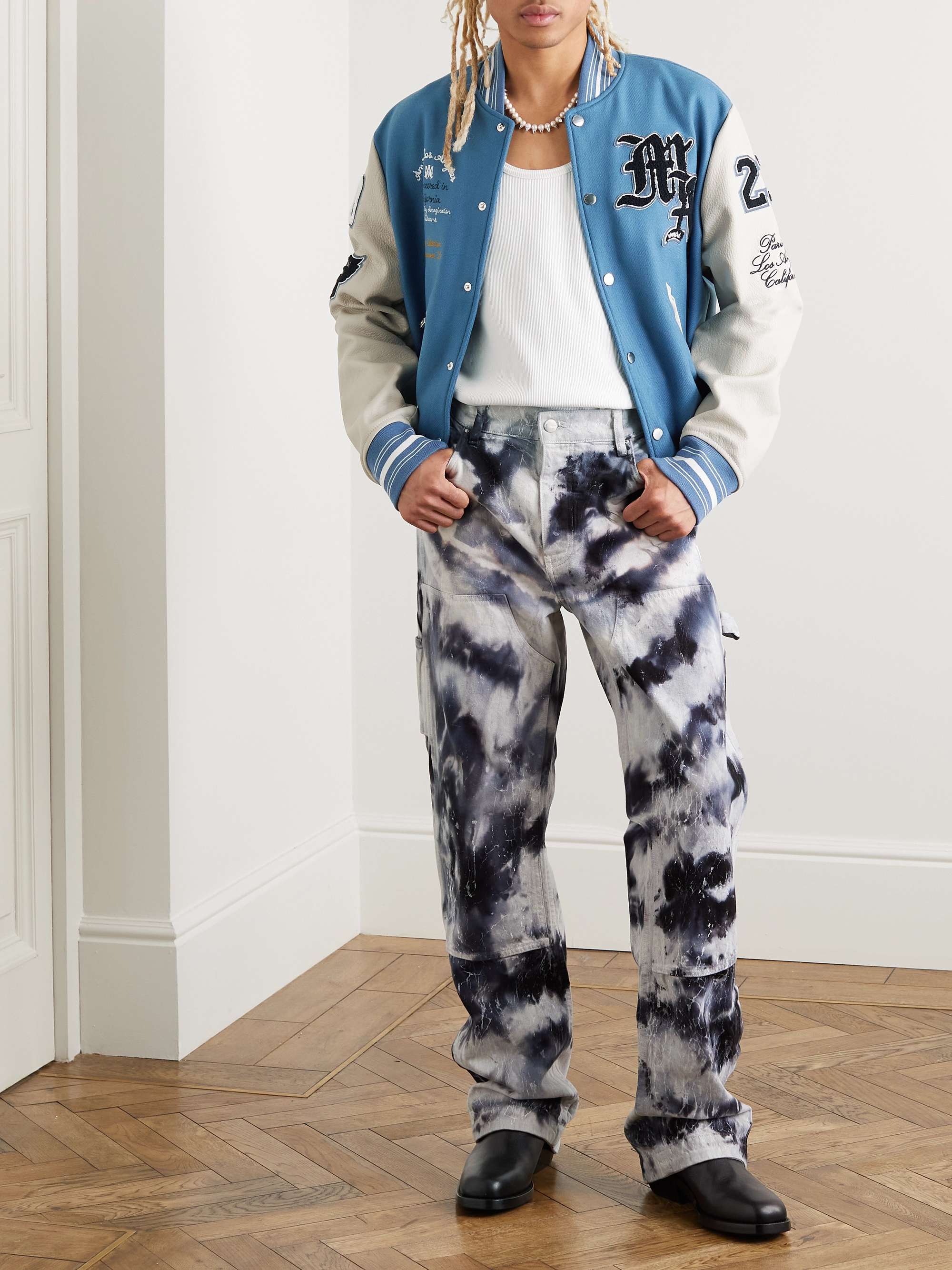 AMIRI Appliquéd Embroidered Wool-Blend and Leather Varsity Jacket