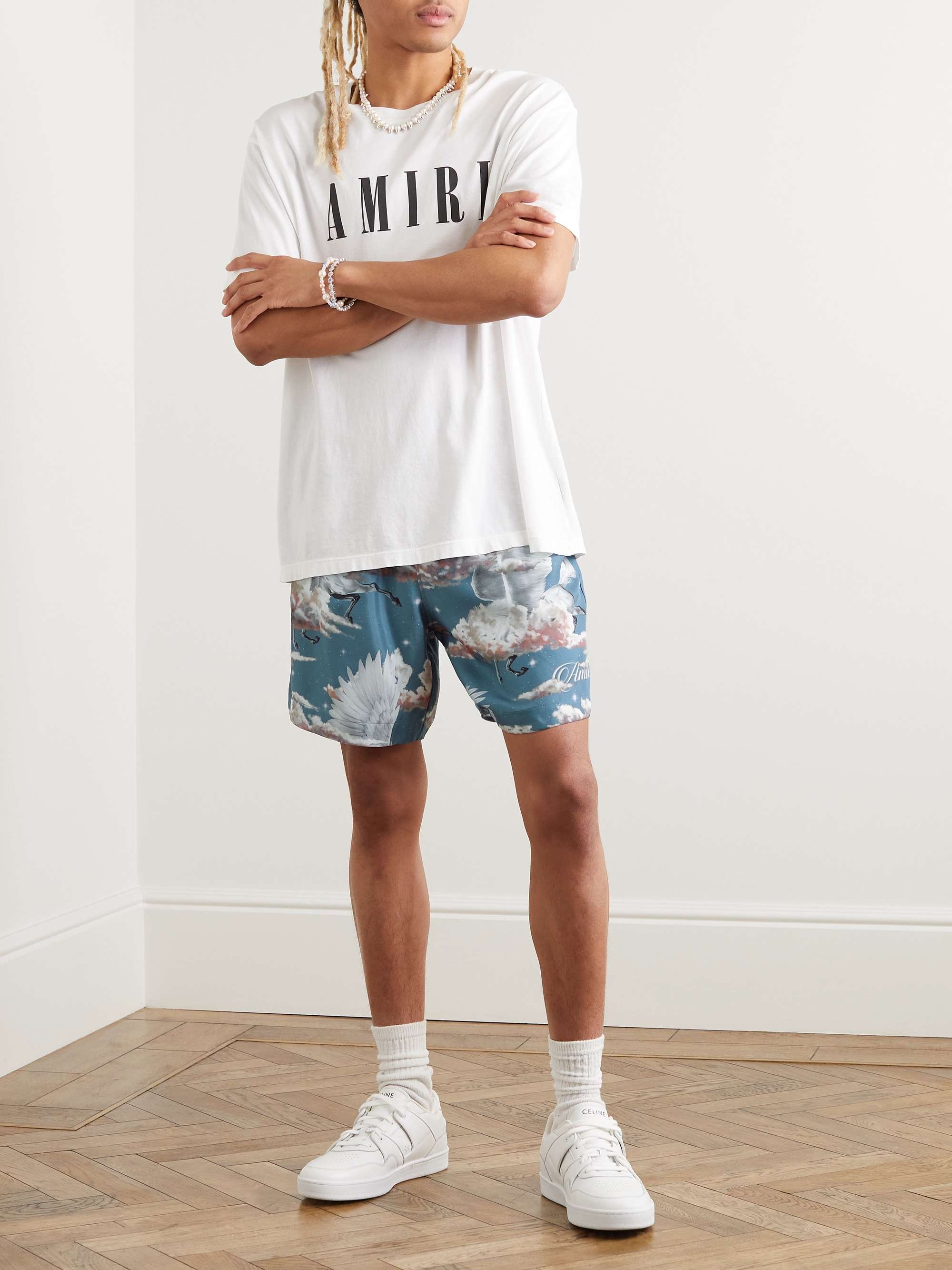 Straight-Leg Printed Silk-Twill Drawstring Shorts