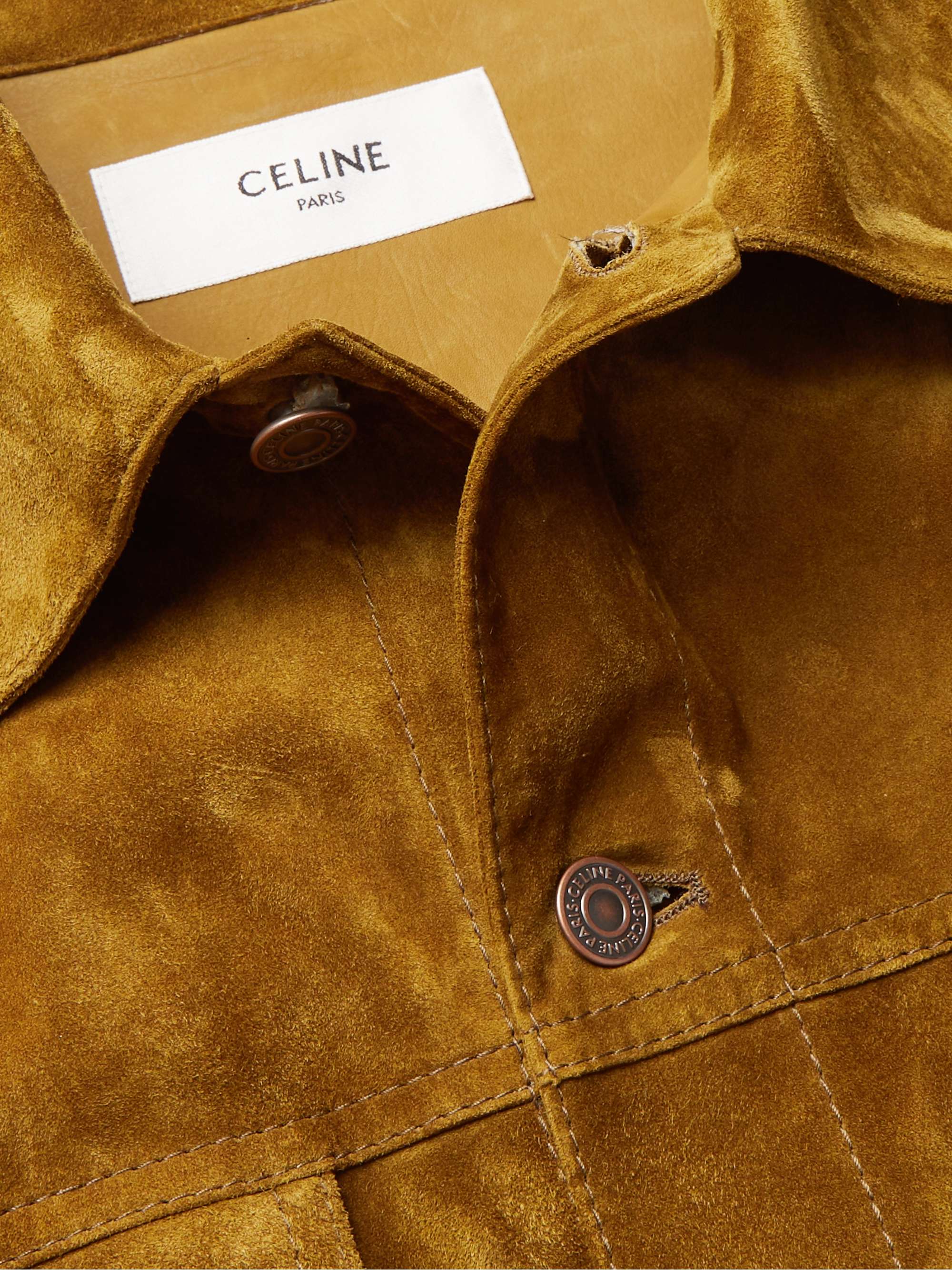 CELINE HOMME Faux Pearl-Embellished Fringed Brushed-Suede Trucker Jacket