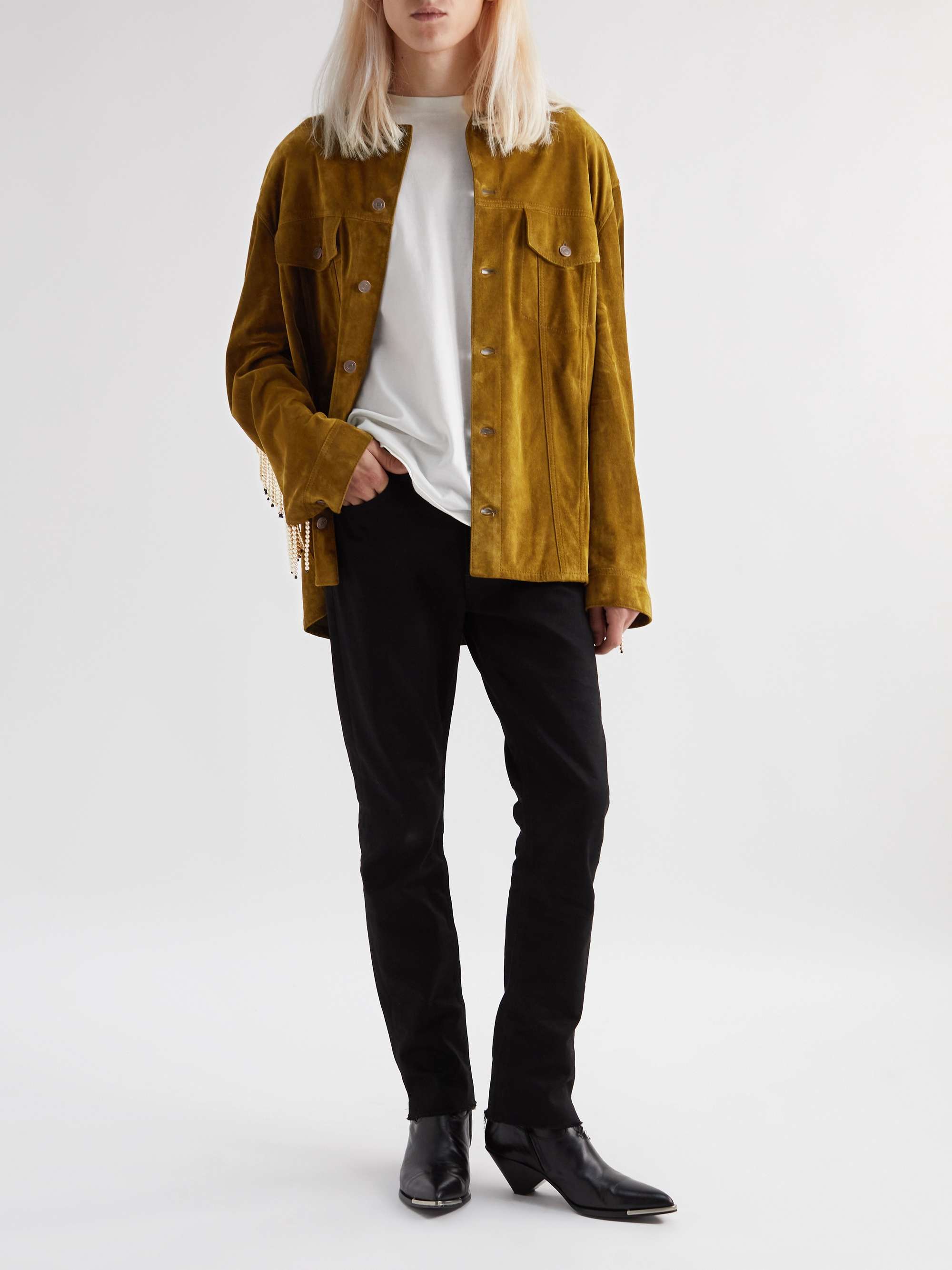 CELINE HOMME Faux Pearl-Embellished Fringed Brushed-Suede Trucker Jacket
