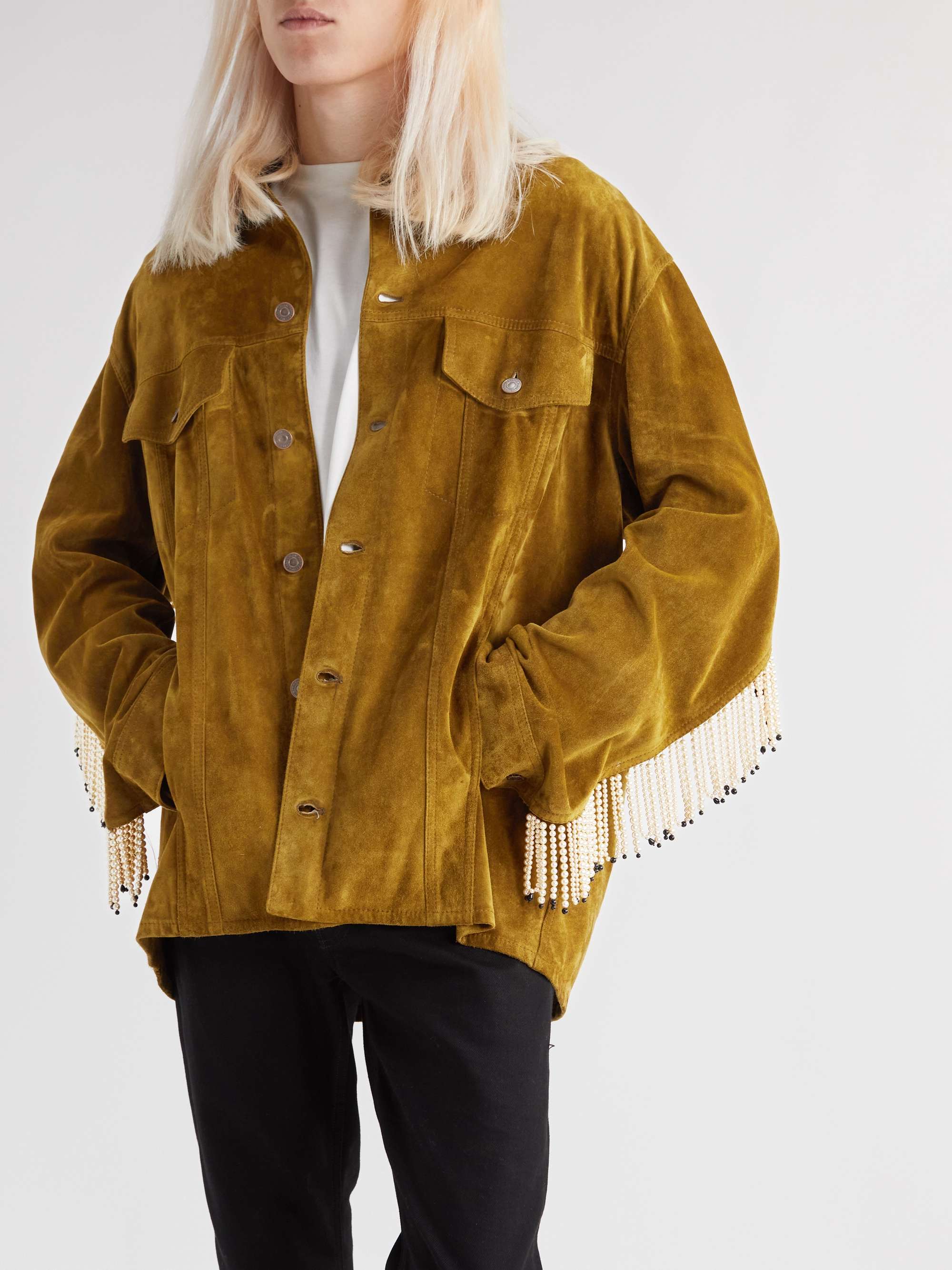 CELINE HOMME Faux Pearl-Embellished Fringed Brushed-Suede Trucker Jacket