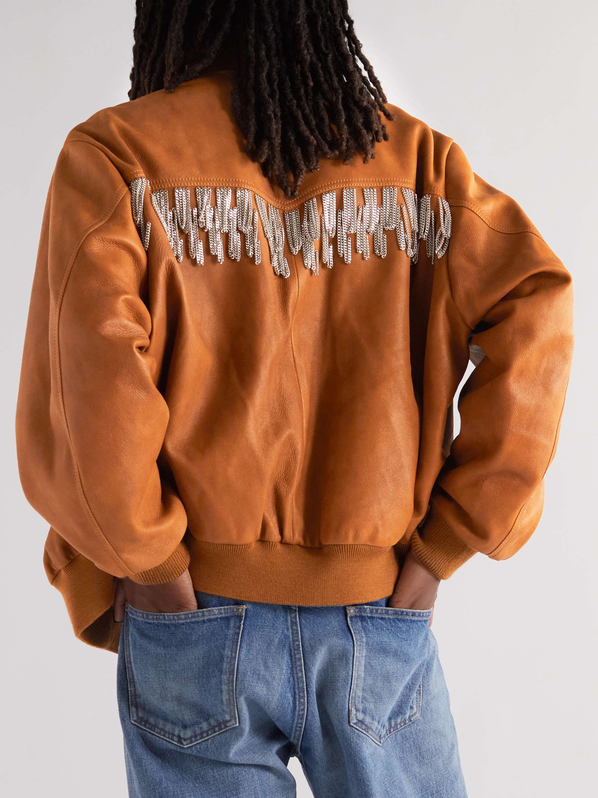 CELINE HOMME Chain-Embellished Fringed Brushed-Suede Jacket