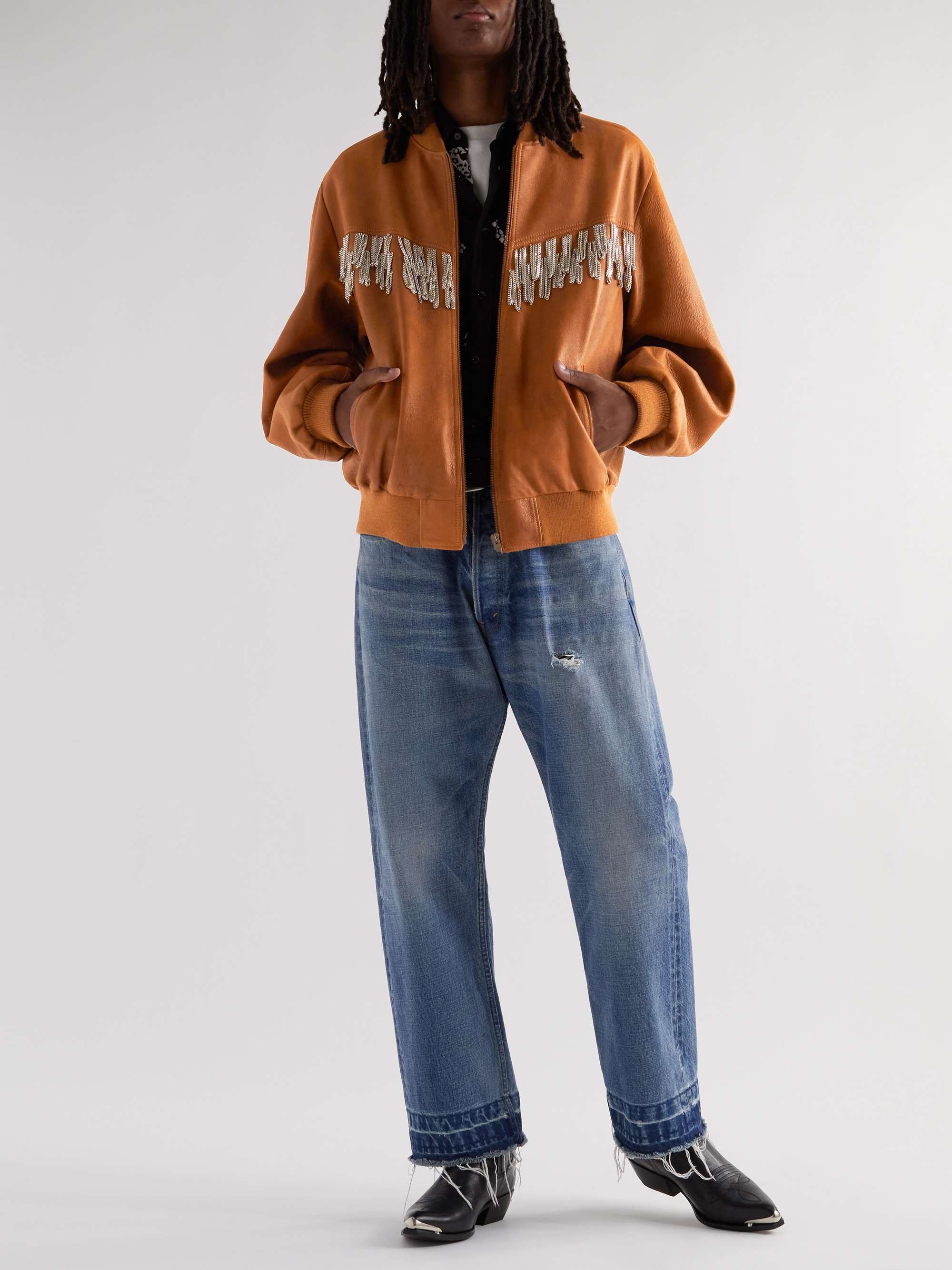 CELINE HOMME Chain-Embellished Fringed Brushed-Suede Jacket
