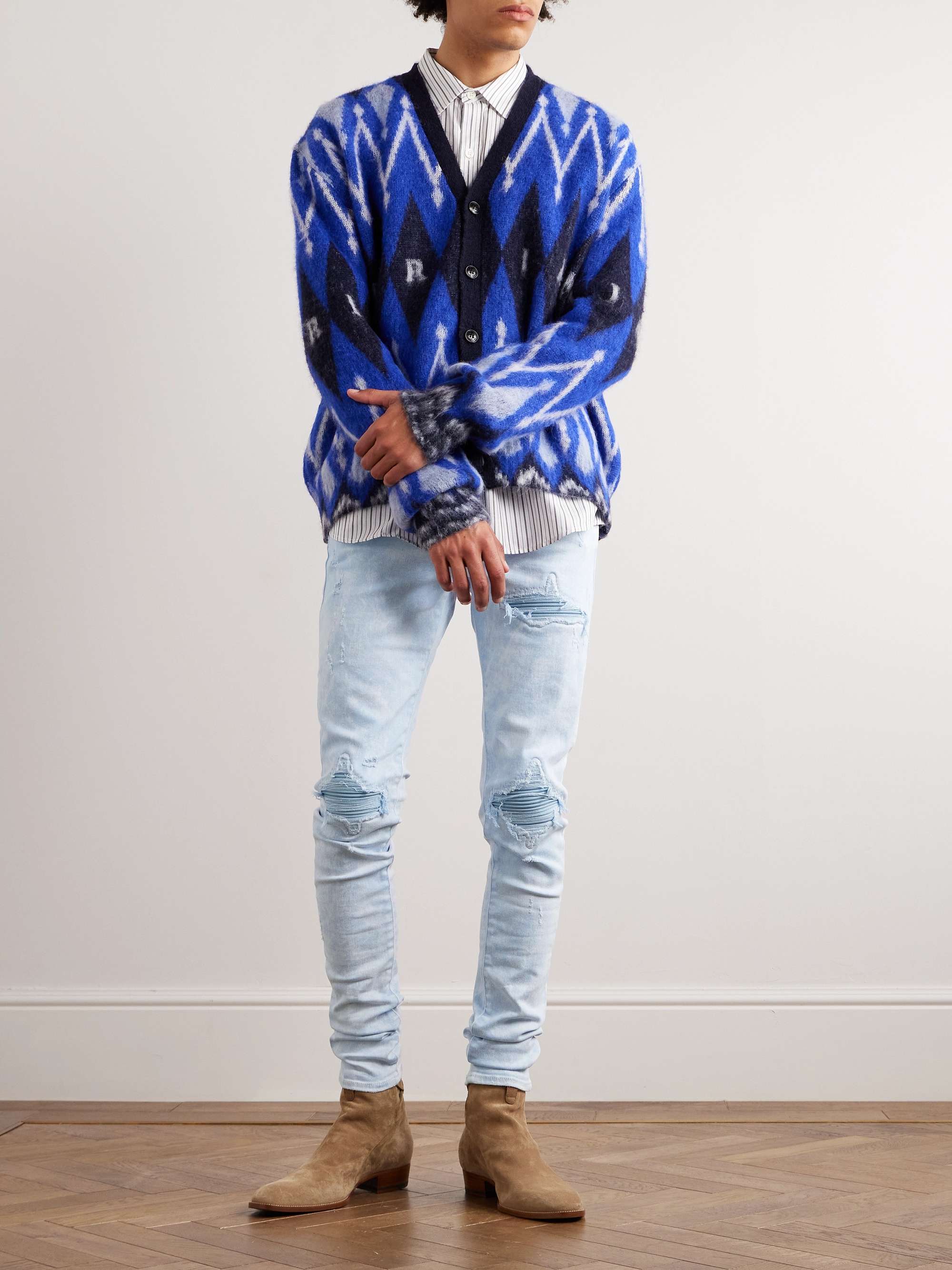 AMIRI MX1 Skinny-Fit Distressed Leather-Panelled Jeans