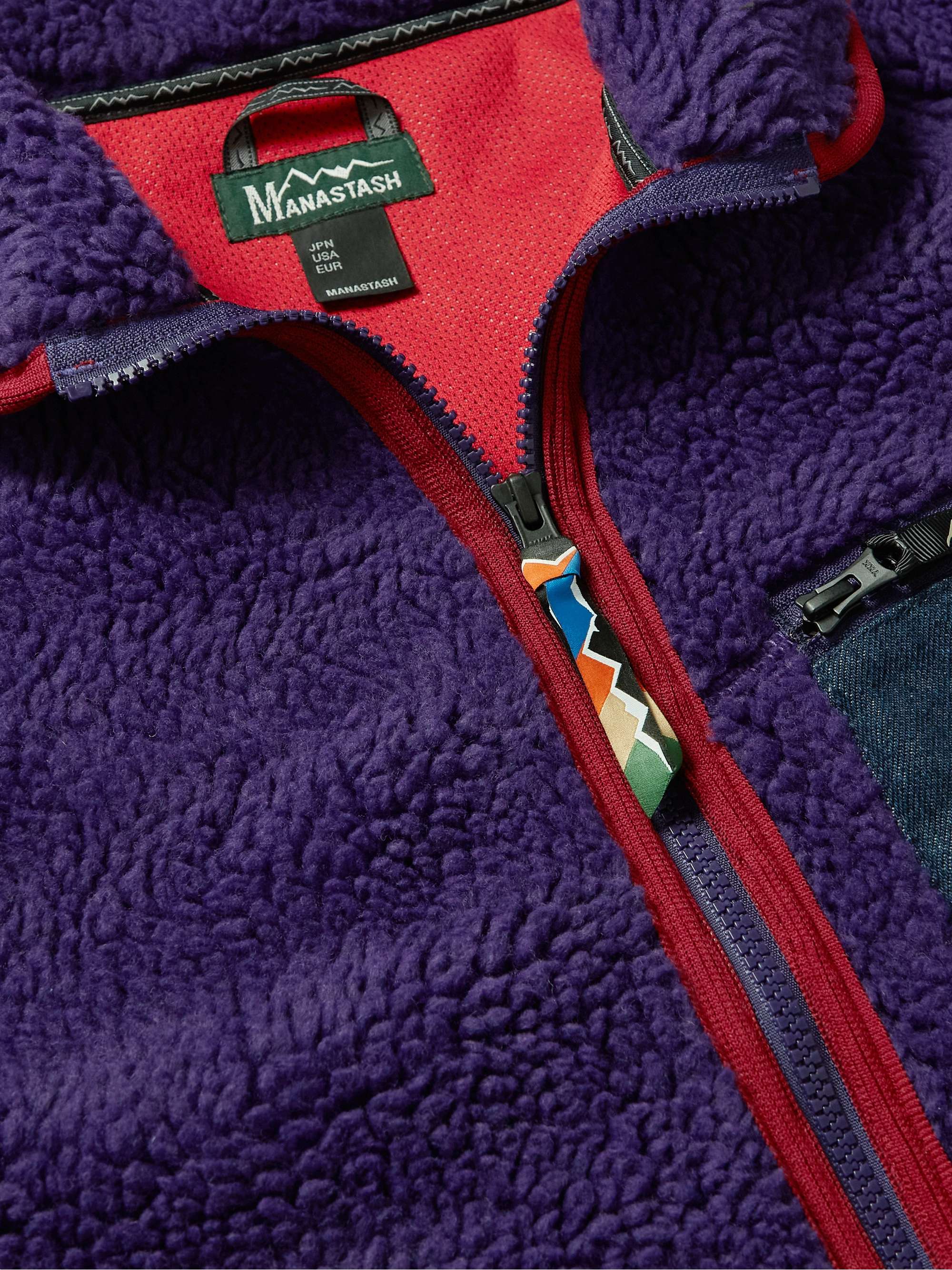 MANASTASH Mt. Gorilla Logo-Embroidered Denim-Trimmed Fleece Jacket