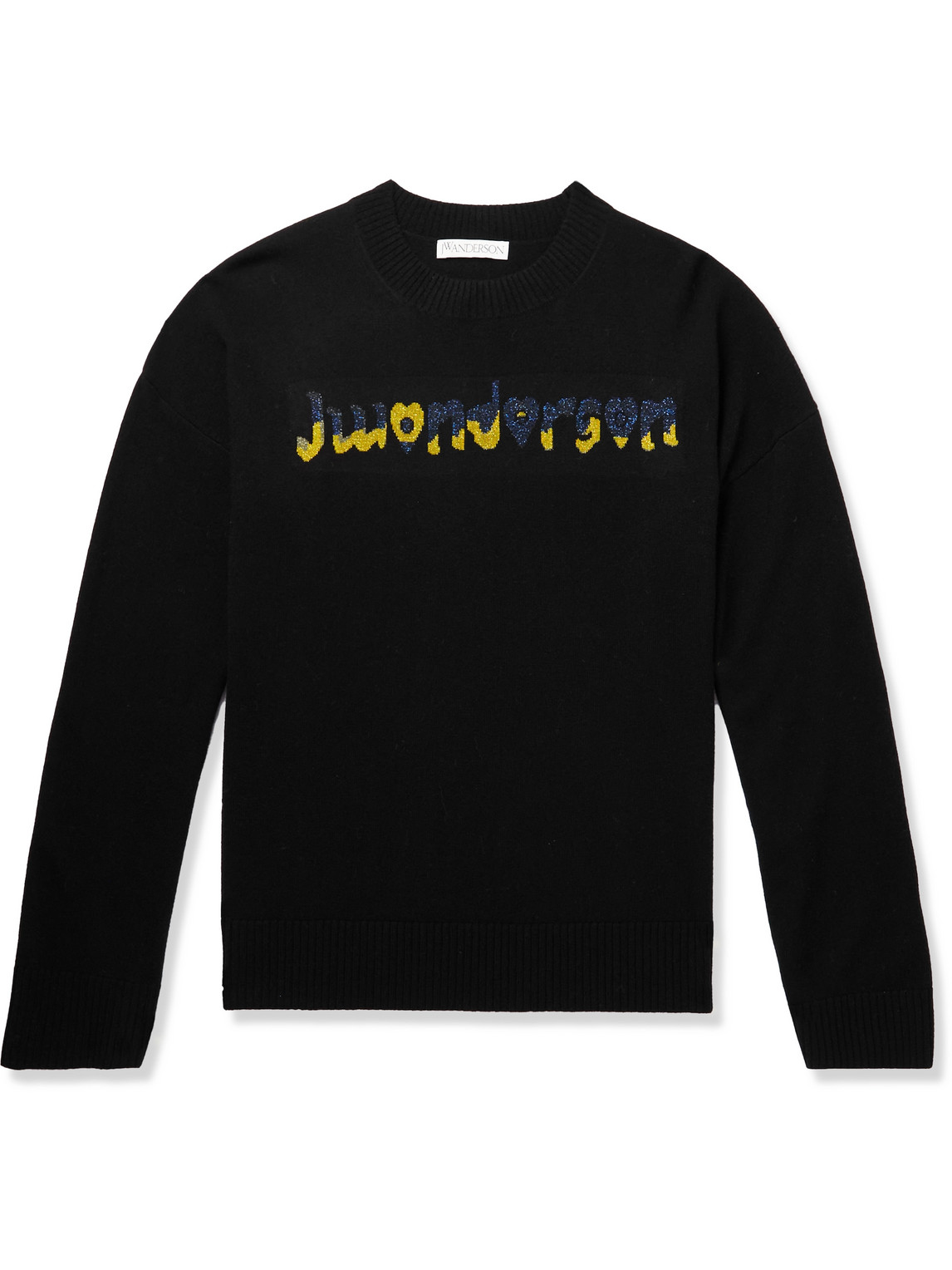 Jw Anderson Run Hany Metallic Logo-intarsia Wool-blend Sweater In Black