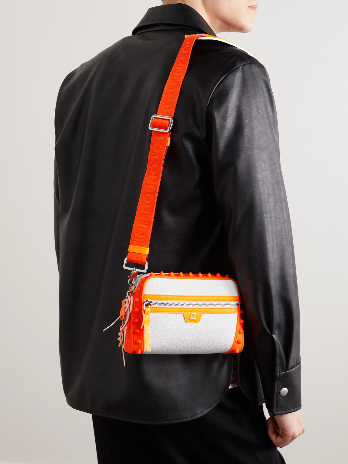 Shop Christian Louboutin Loubitown Spiked Full-grain Leather Messenger Bag In Orange