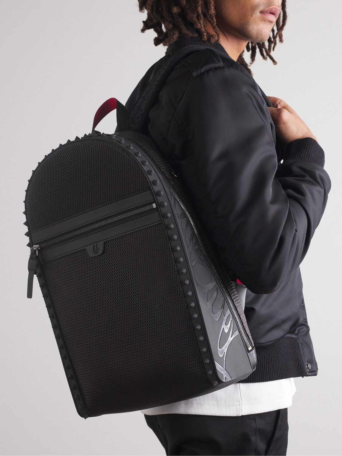 Shop Christian Louboutin Backparis Spiked Rubber-trimmed Mesh Backpack In Black