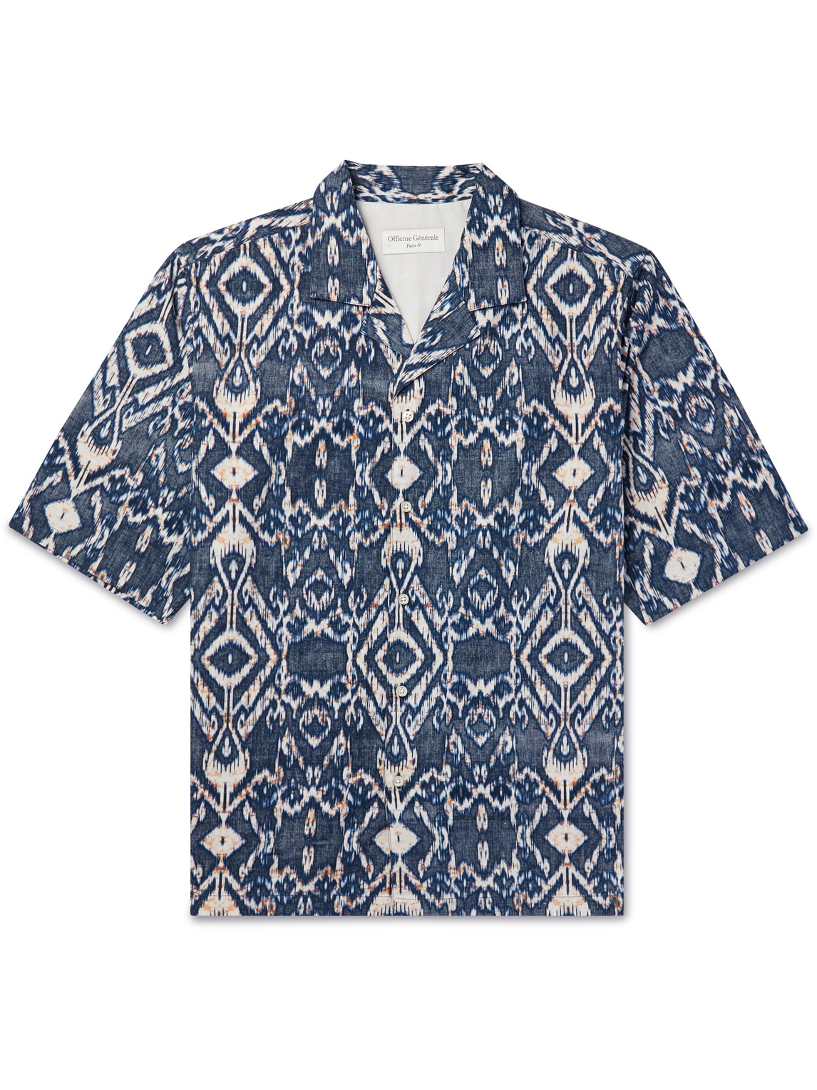 Officine Generale Eren Camp Collar Ikat Print Short Sleeve Shirt In Navy Ecru