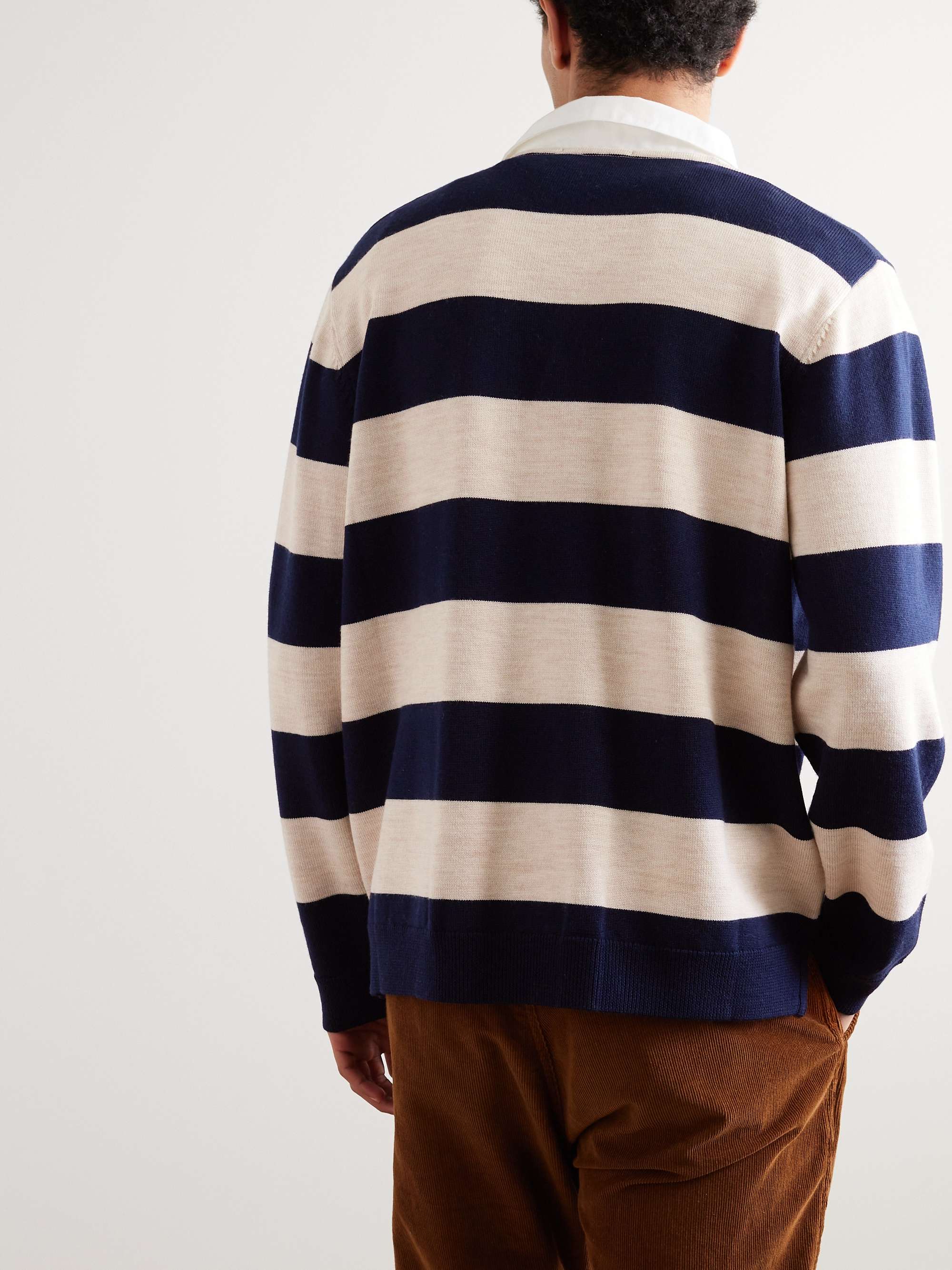 YMC Up and Under Poplin-Trimmed Striped Merino Wool Rugby Shirt