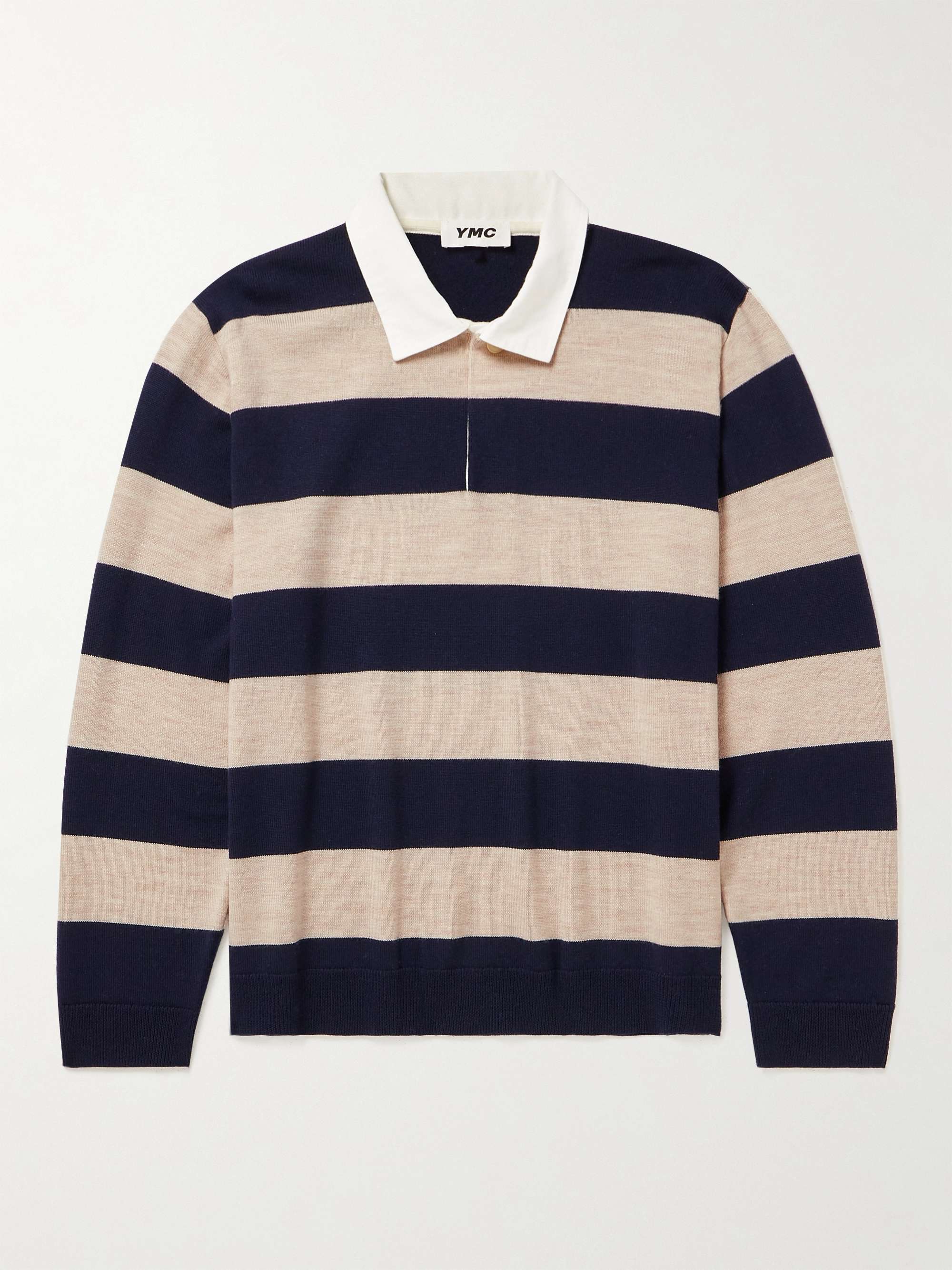 YMC Up and Under Poplin-Trimmed Striped Merino Wool Rugby Shirt