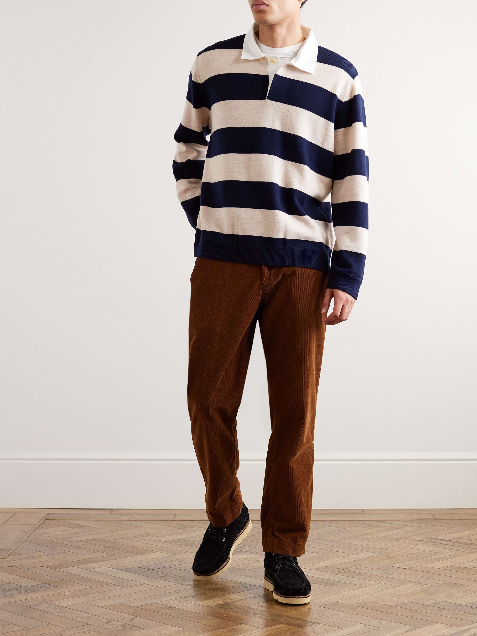 YMC Up and Under Poplin-Trimmed Striped Merino Wool Rugby Shirt