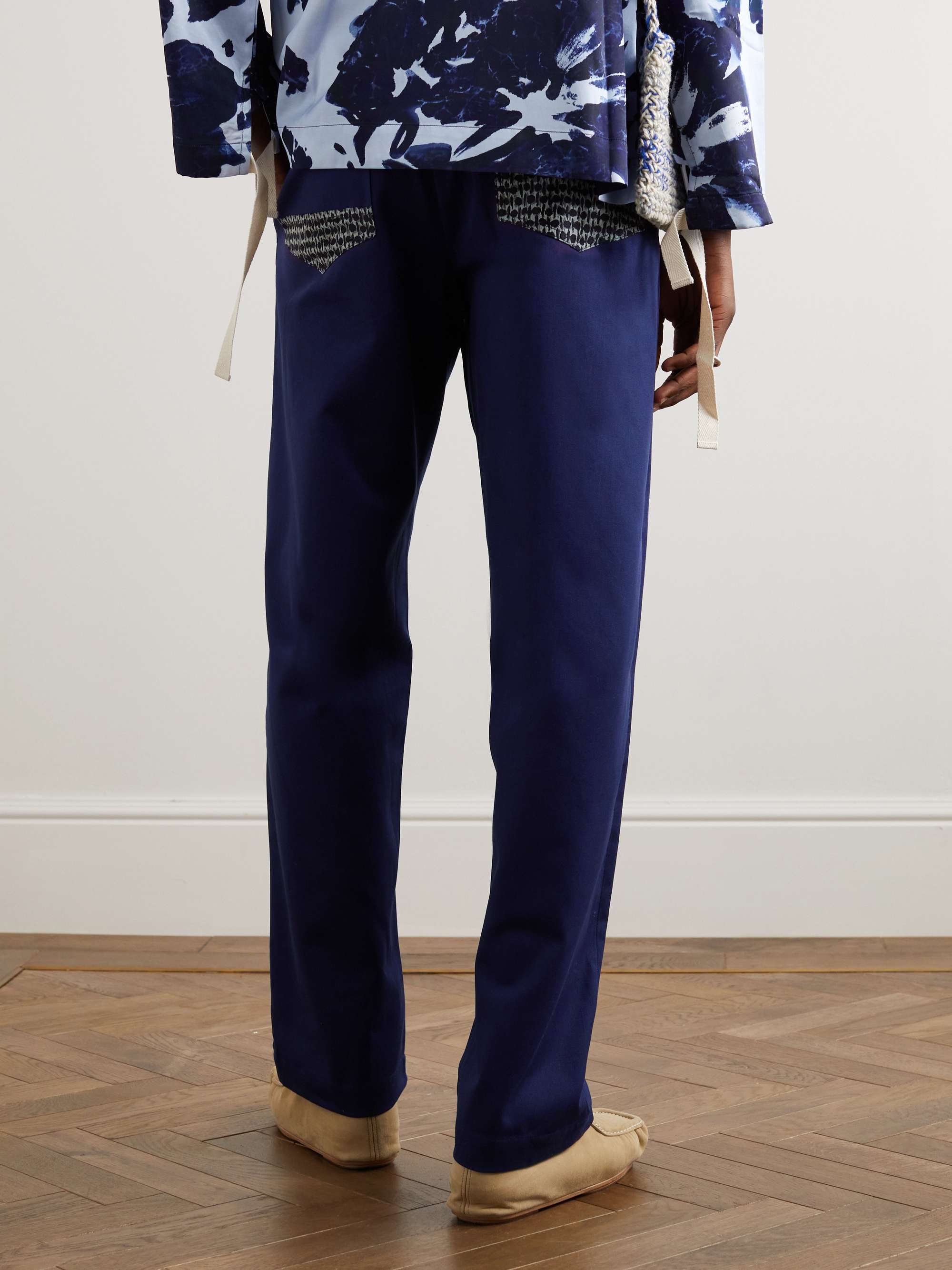 NICHOLAS DALEY Straight-Leg Jacquard-Trimmed Cotton-Drill Trousers