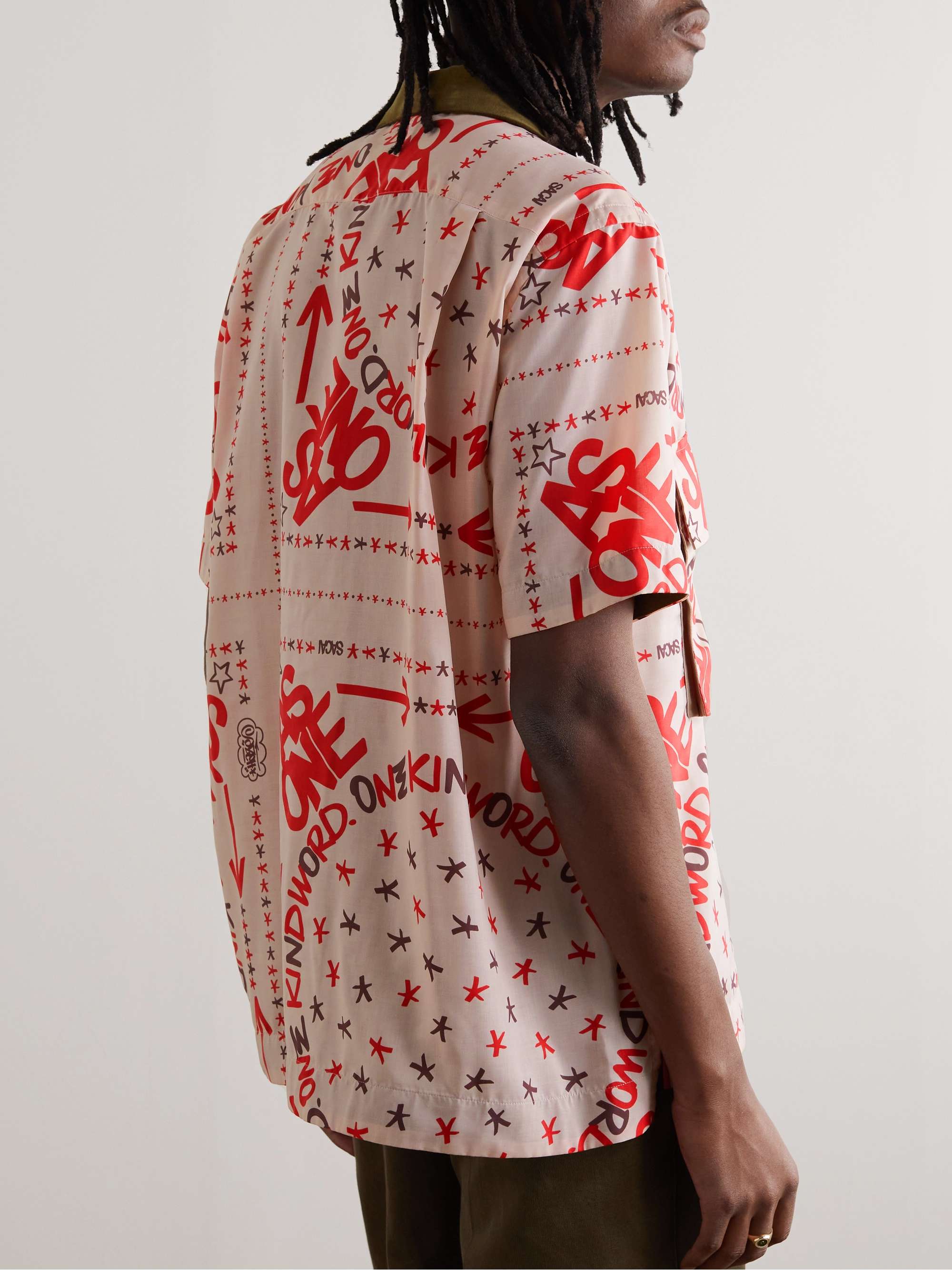 SACAI + Eric Haze Velvet-Trimmed Printed Poplin Shirt