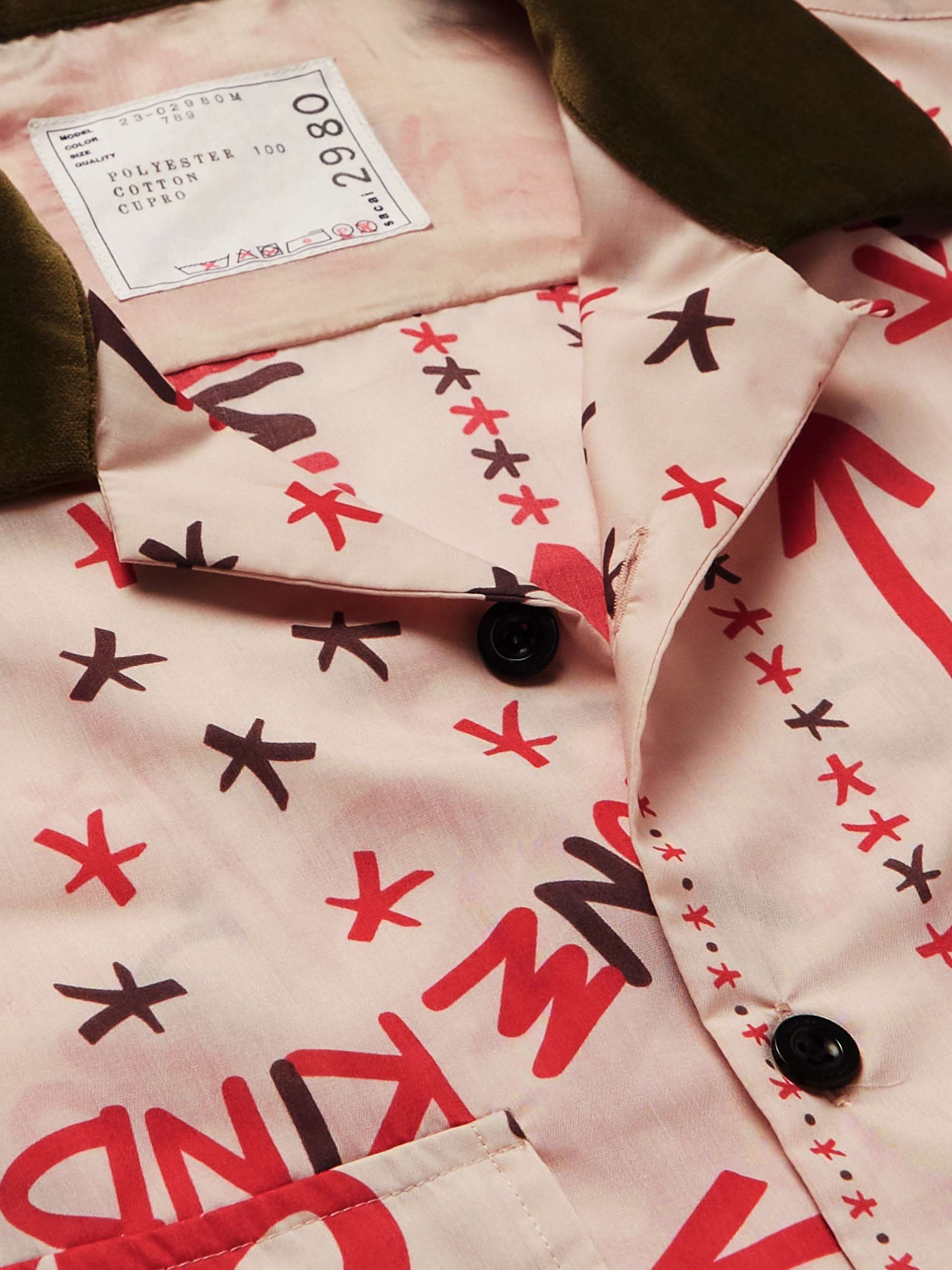 SACAI + Eric Haze Velvet-Trimmed Printed Poplin Shirt