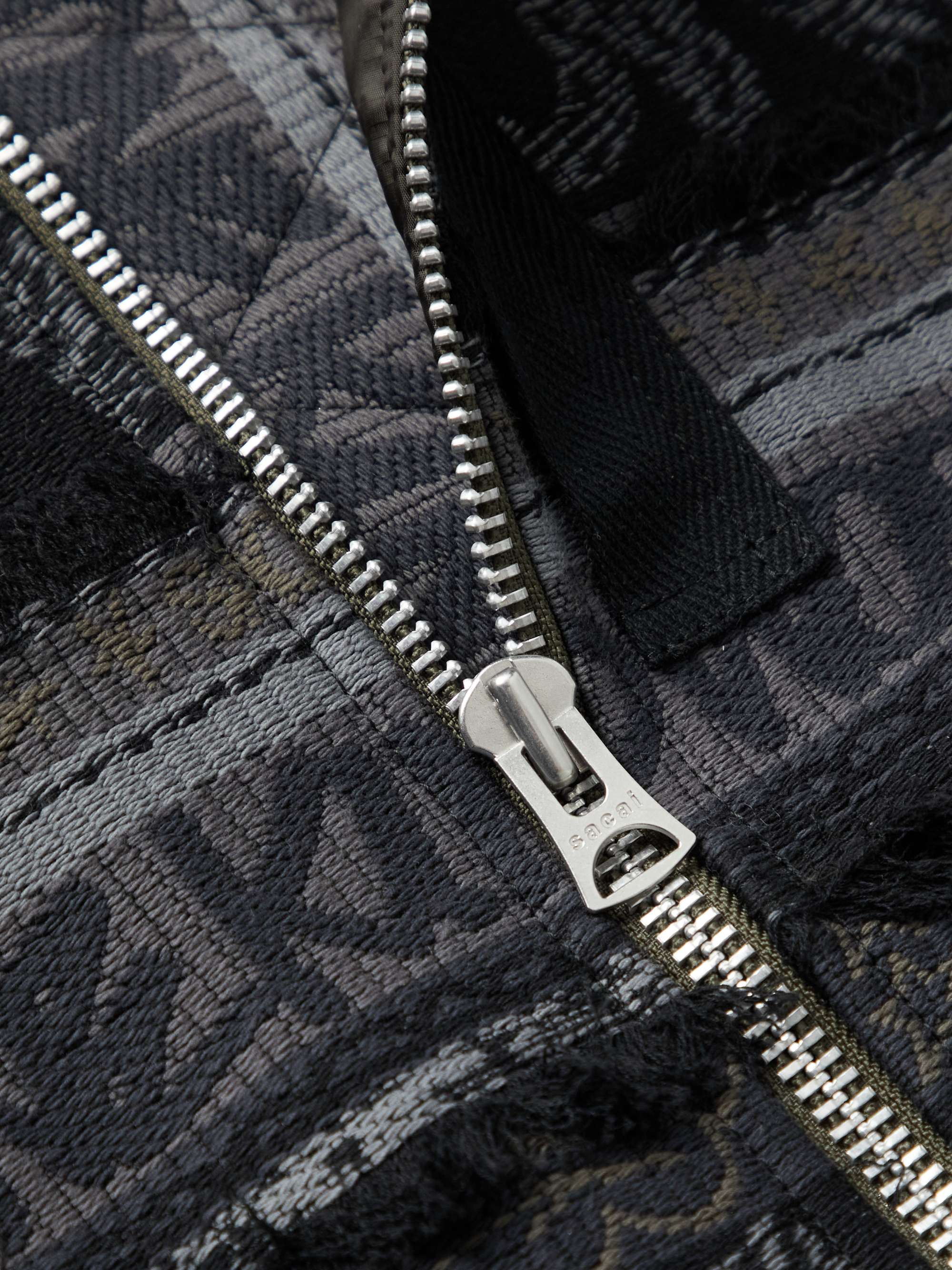 SACAI + Eric Haze Padded Frayed Cotton-Jacquard Bomber SACAI + Eric Haze Padded Frayed Cotton-Jacquard Bomber