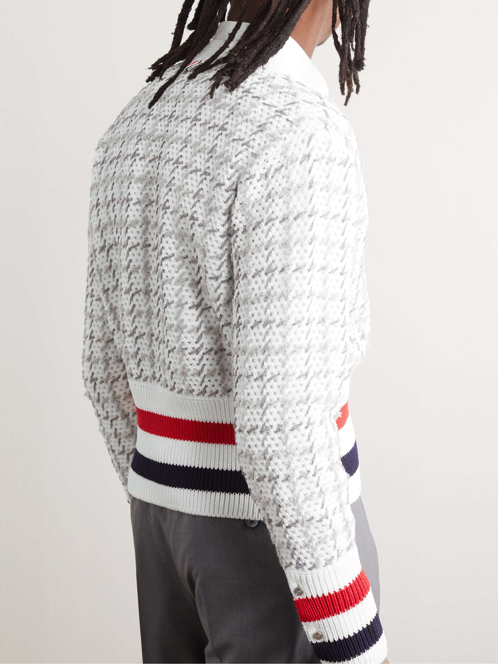 THOM BROWNE Striped Woven Cotton-Blend Cardigan