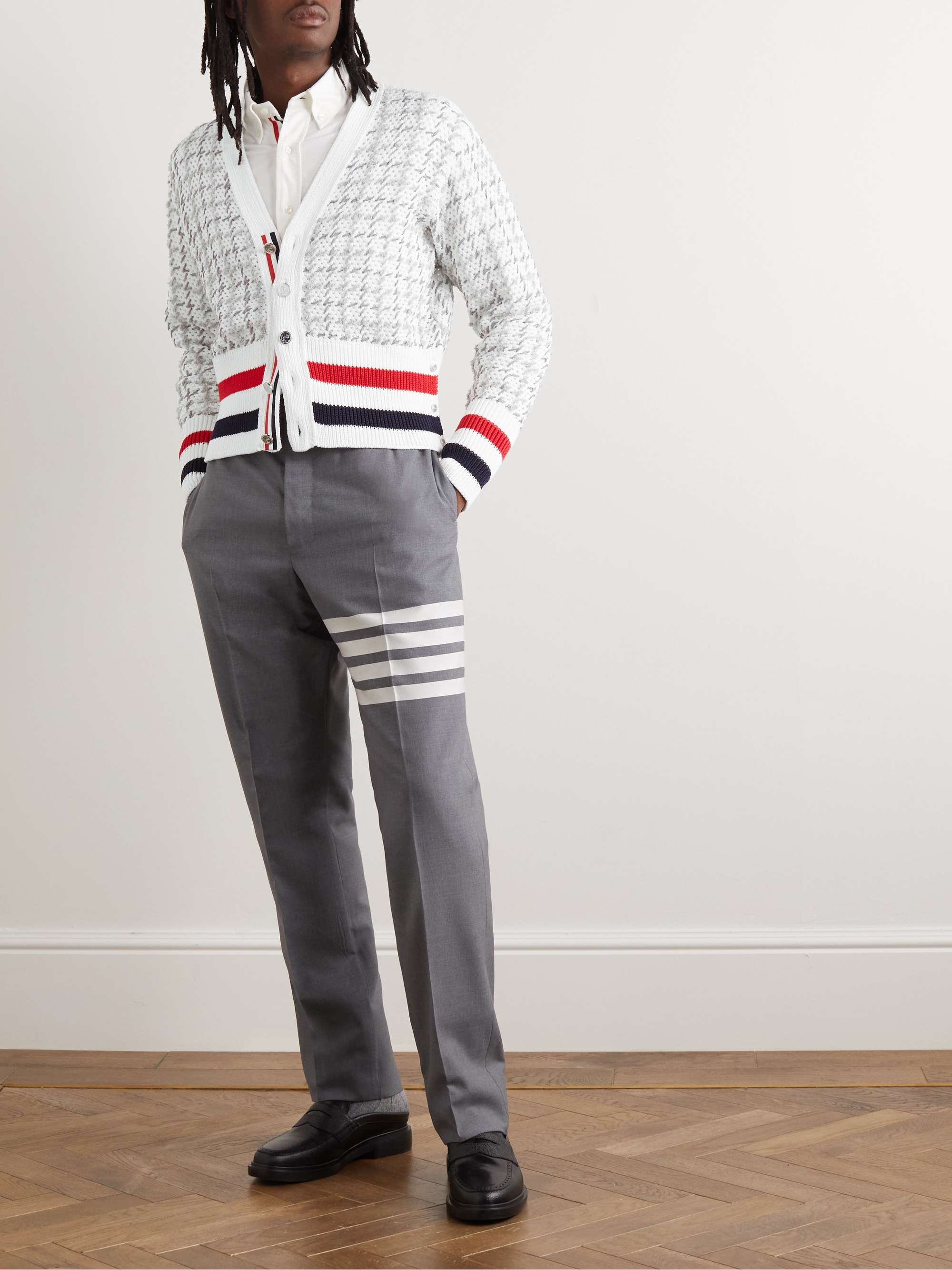THOM BROWNE Striped Woven Cotton-Blend Cardigan