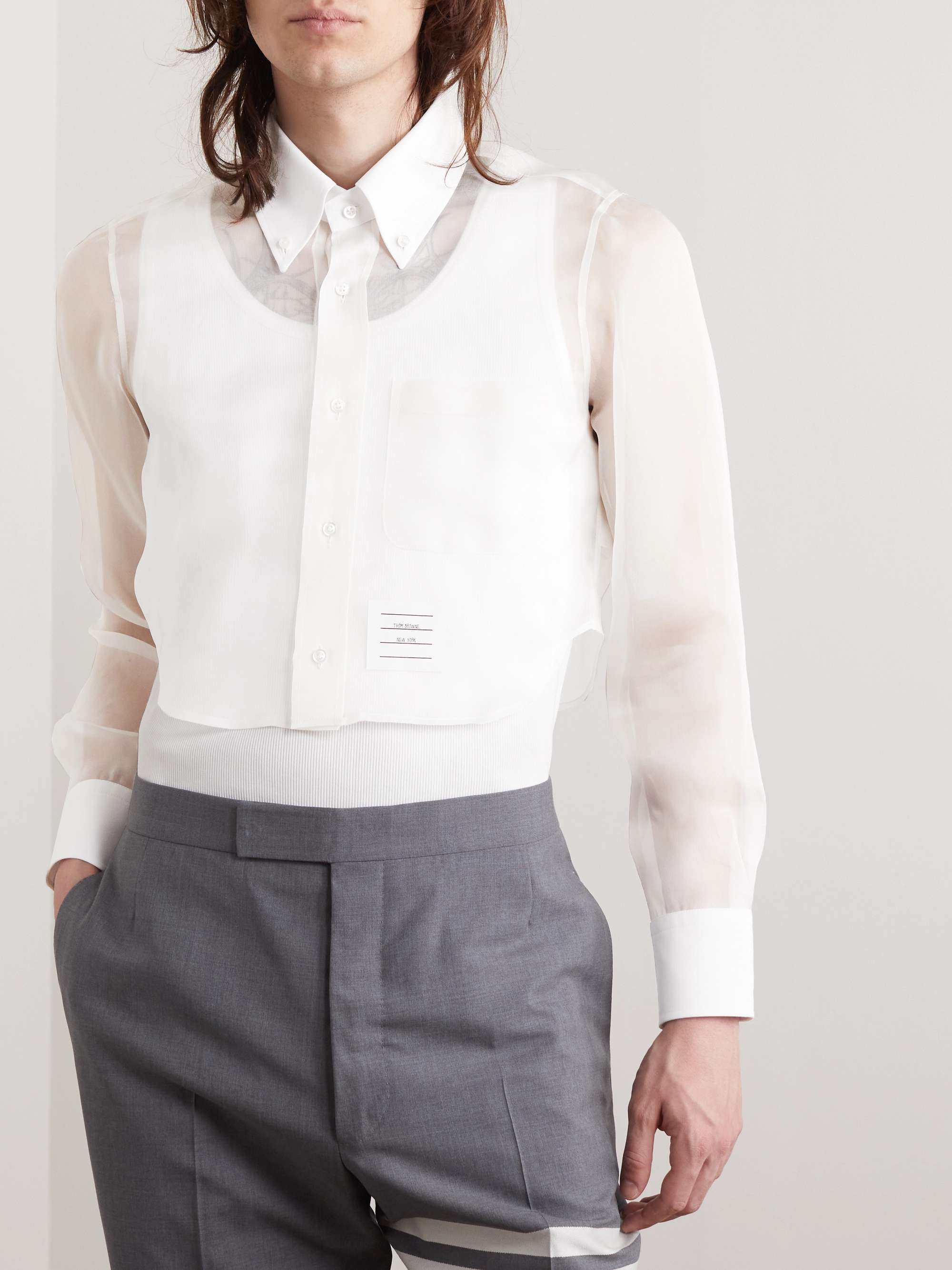 THOM BROWNE Appliquéd Cotton-Trimmed Silk-Organza Shirt