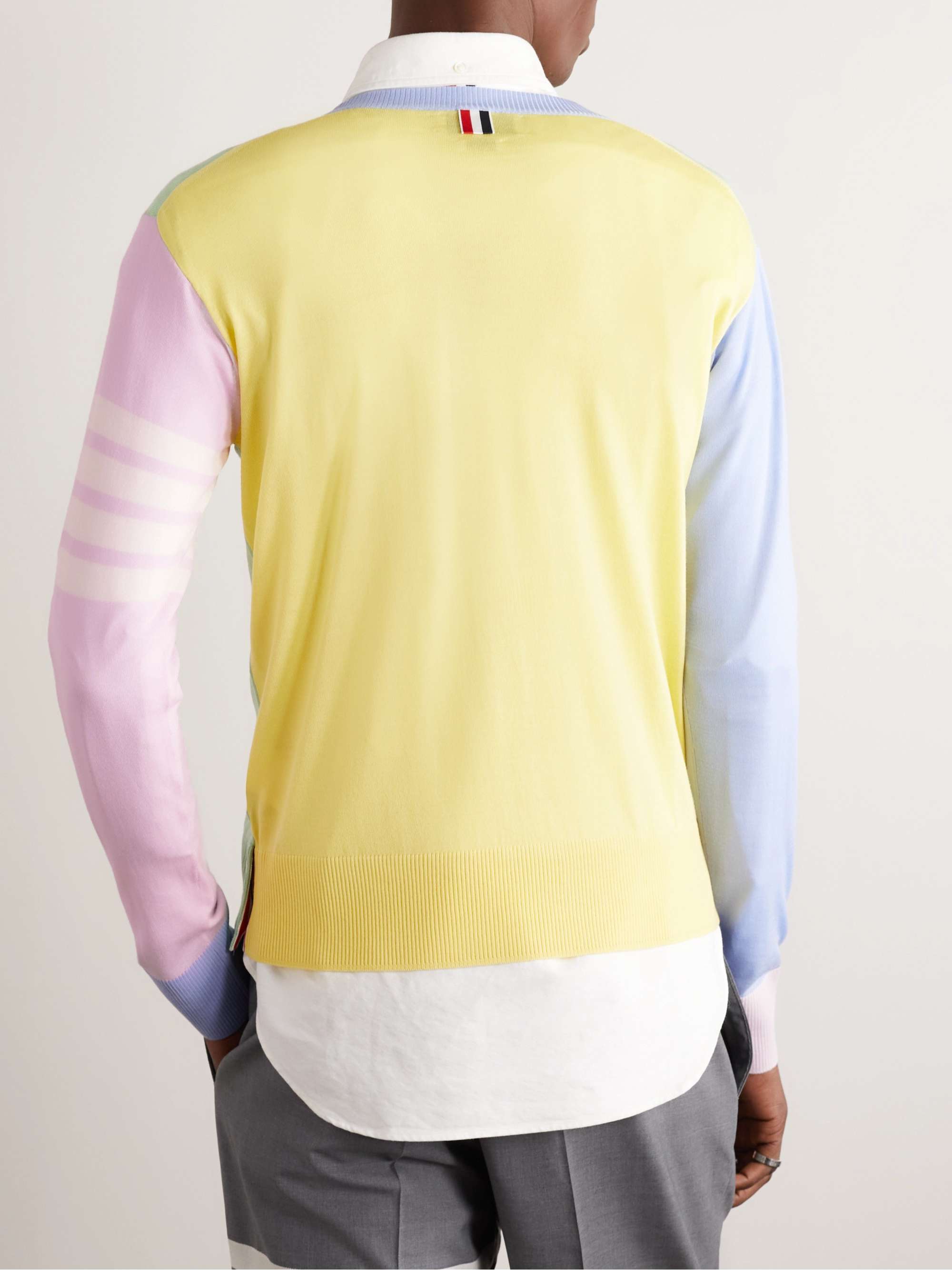 THOM BROWNE Button-Embellished Colour-Block Striped Wool Sweater
