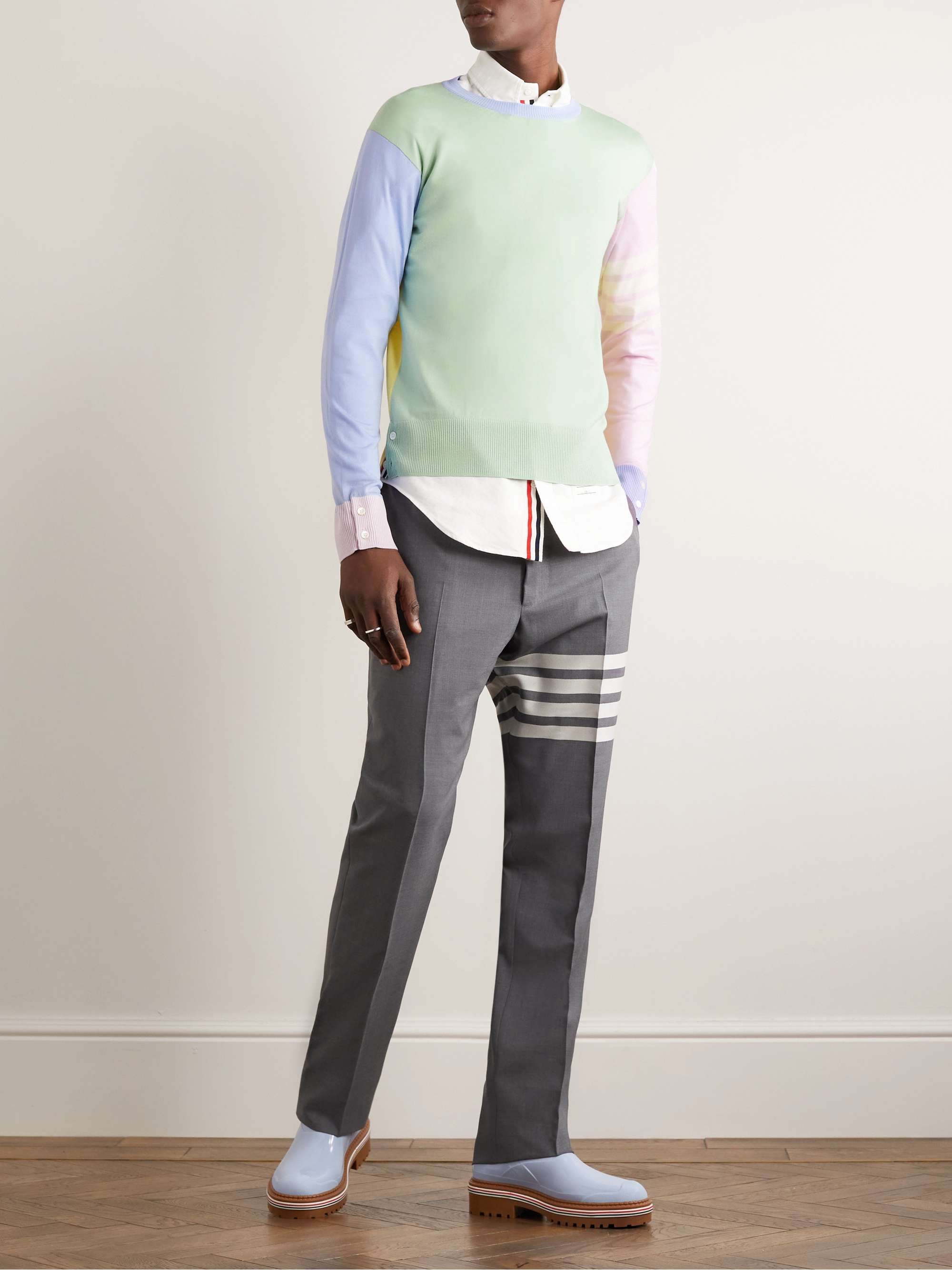 THOM BROWNE Button-Embellished Colour-Block Striped Wool Sweater