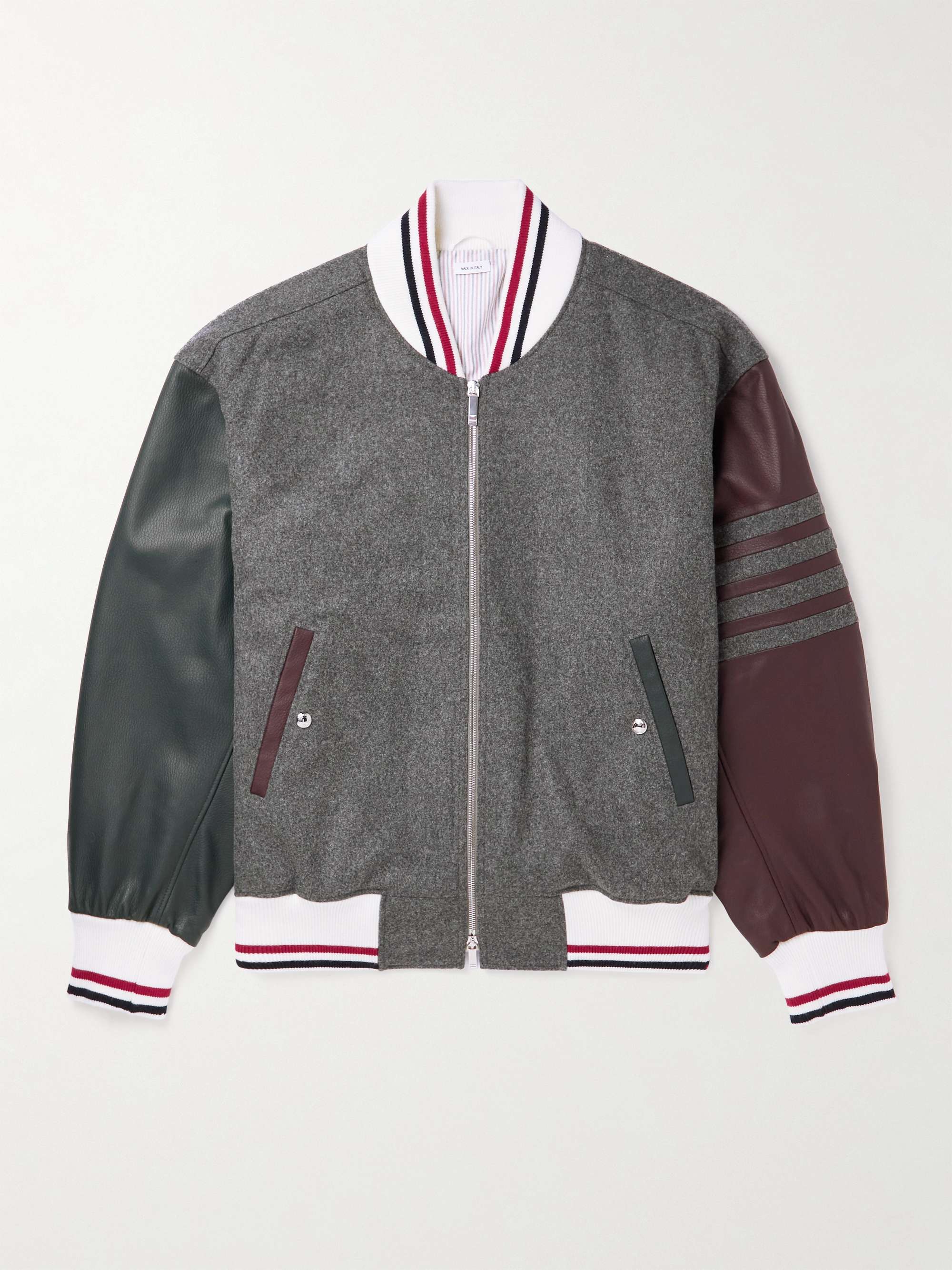 THOM BROWNE Leather-Trimmed Merino Wool Bomber Jacket