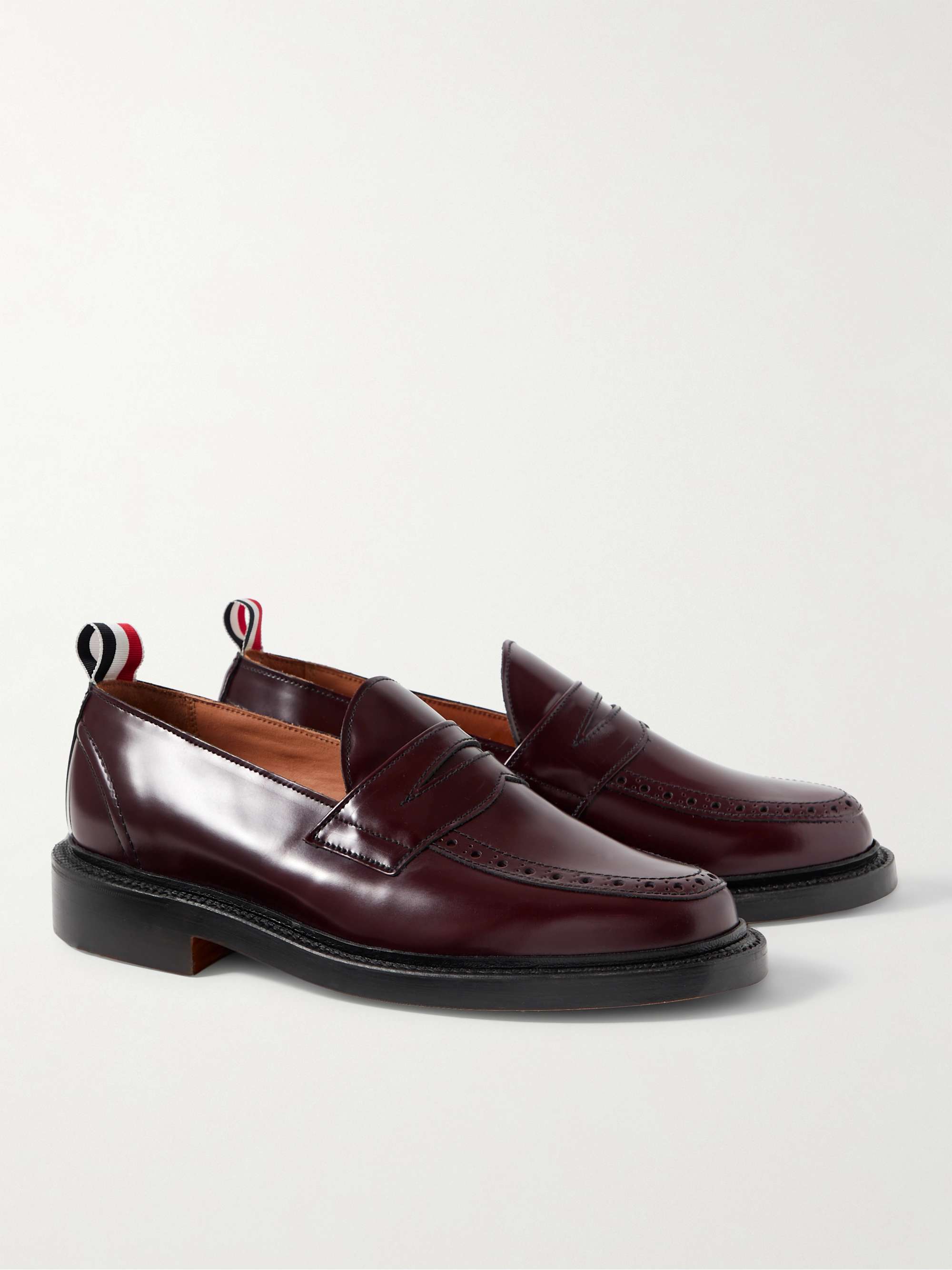 THOM BROWNE Grosgrain-Trimmed Glossed-Leather Penny Loafers