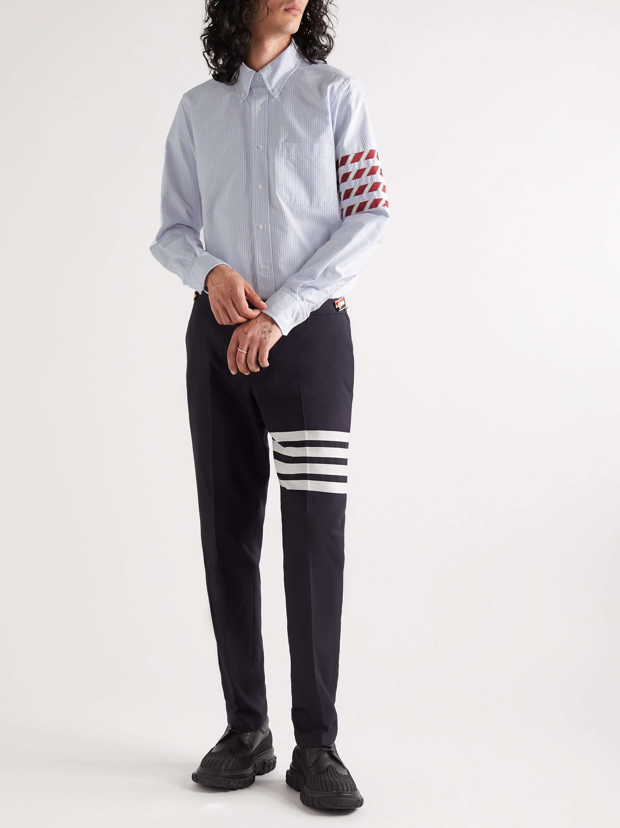 THOM BROWNE Button-Down Collar Striped Cotton Oxford Shirt