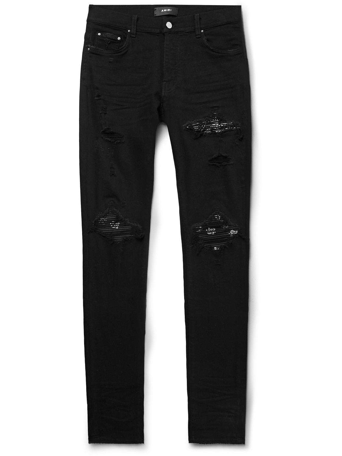 Amiri Mx1 Skinny-fit Panelled Distressed Jeans In Black | ModeSens