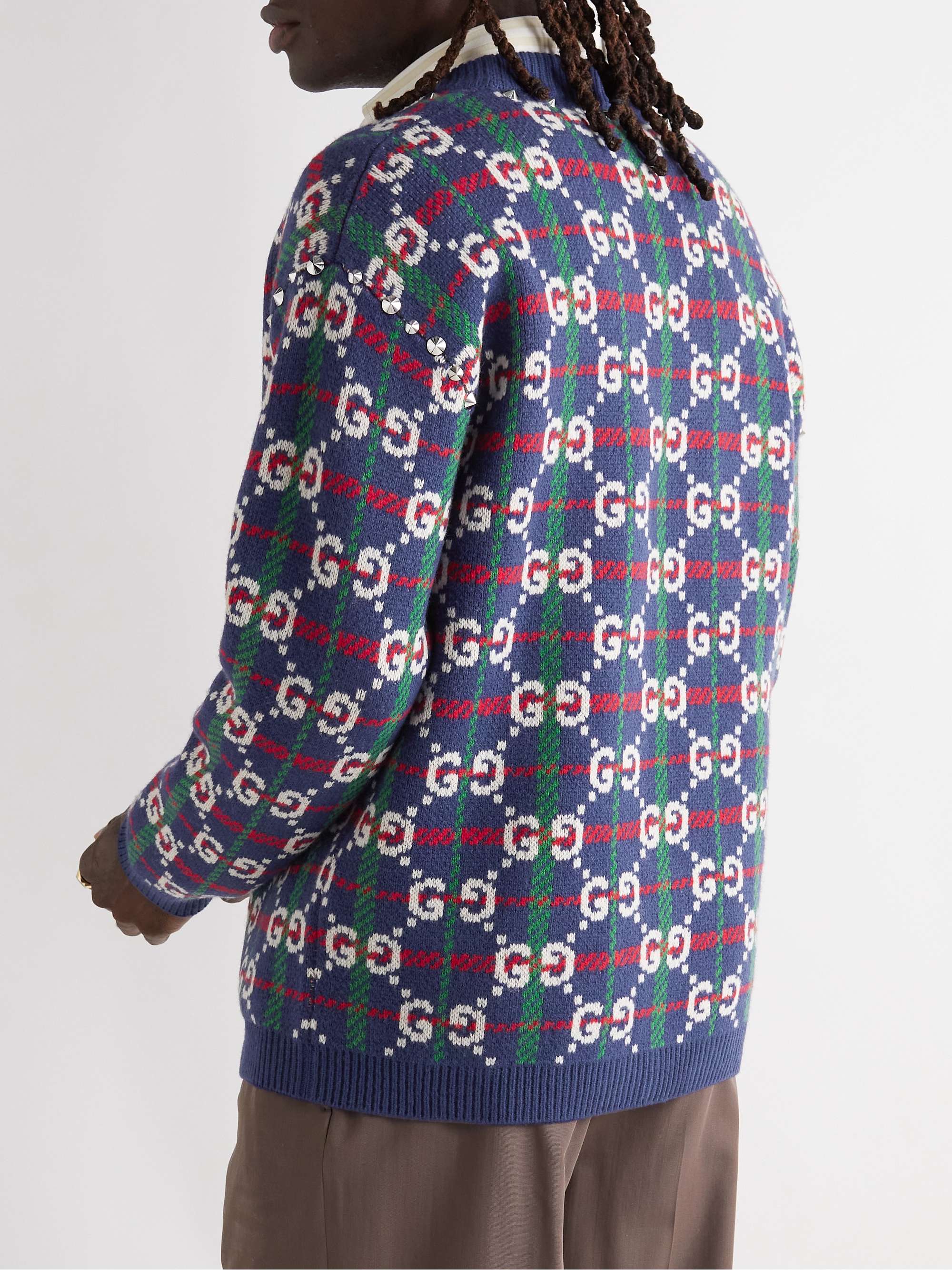 GUCCI Studded Logo-Jacquard Wool-Blend Cardigan