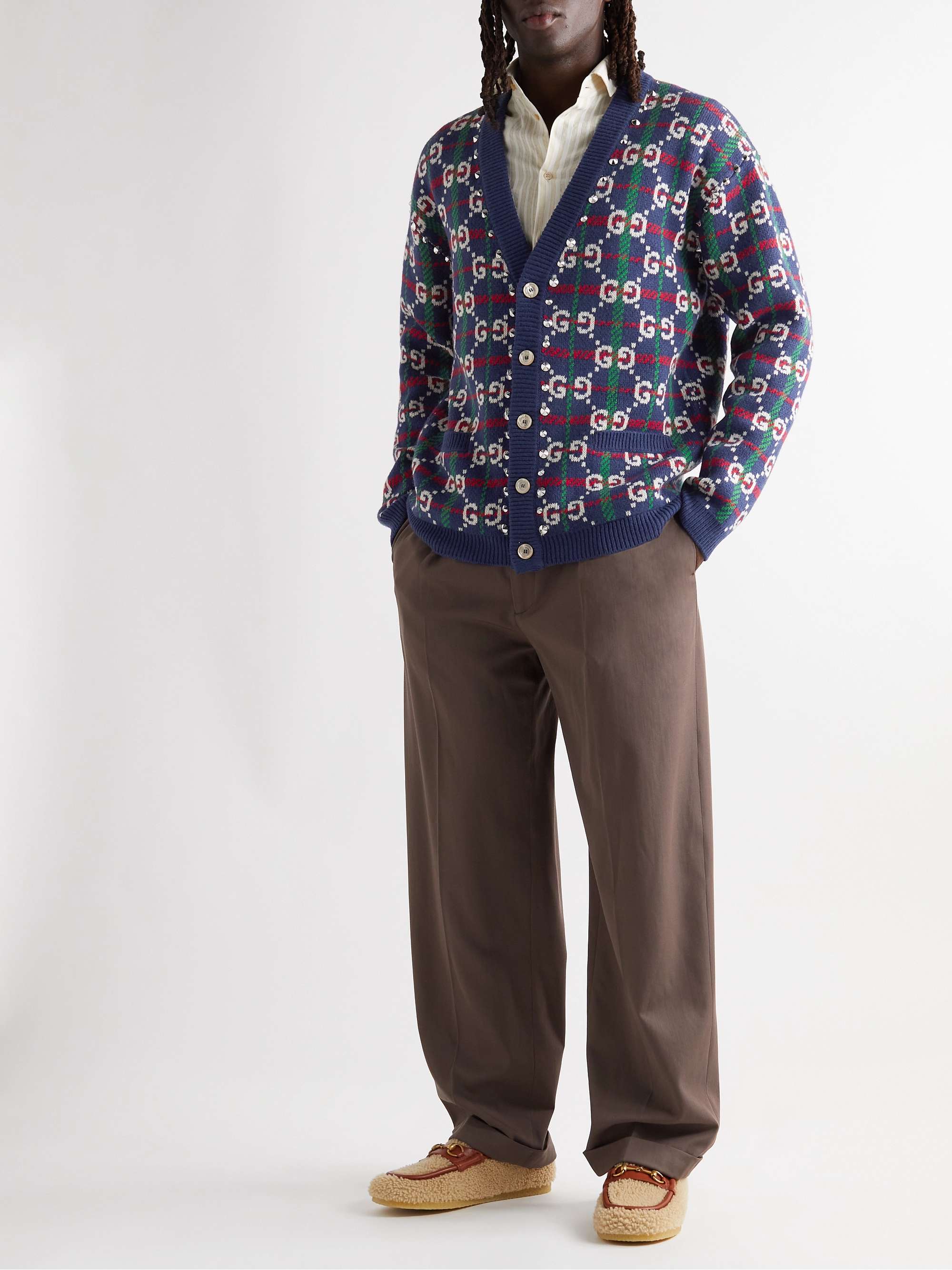 GUCCI Studded Logo-Jacquard Wool-Blend Cardigan