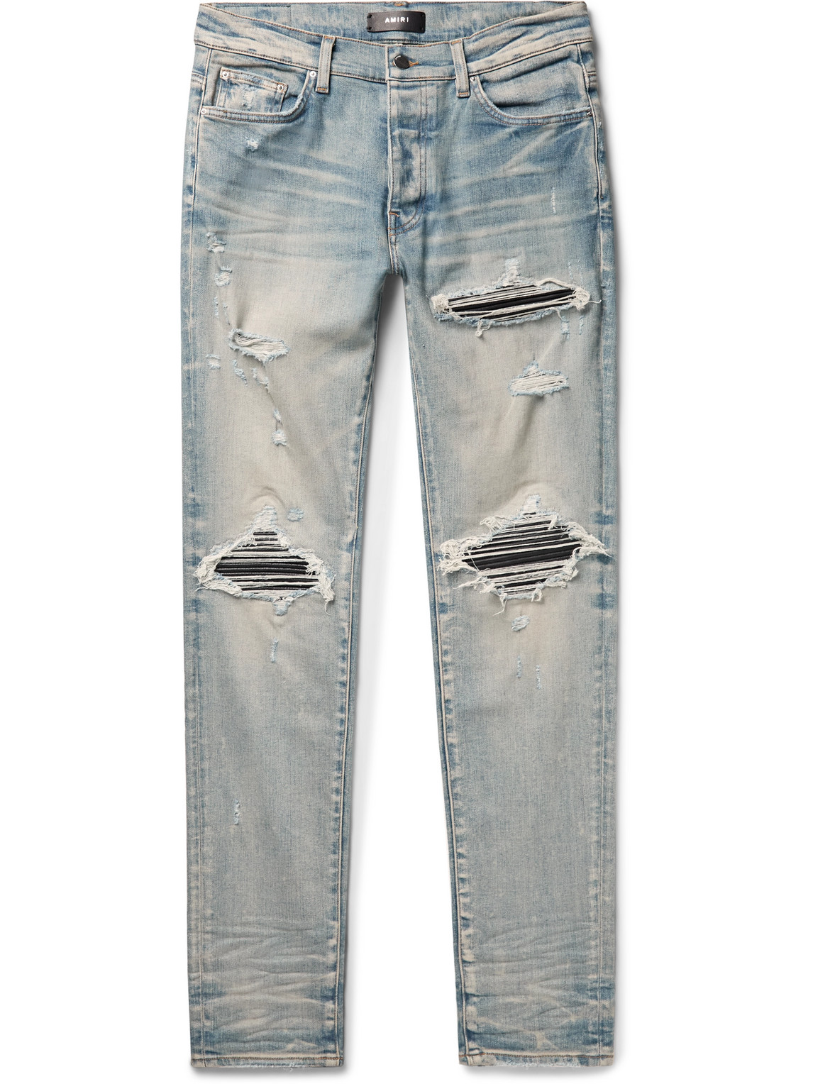 Amiri Mx1 Skinny-fit Panelled Distressed Jeans In Blue