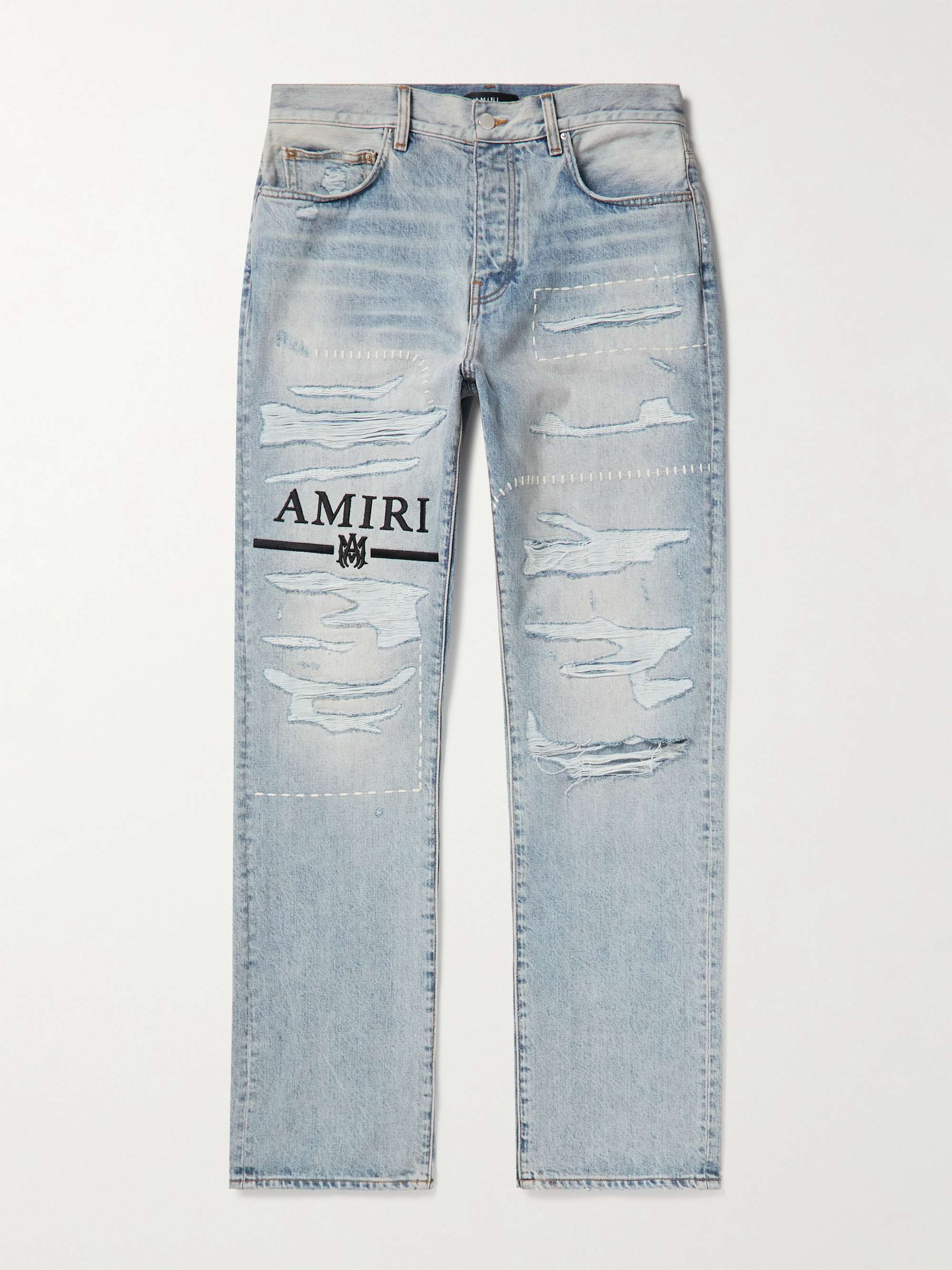 AMIRI Straight-Leg Logo-Embroidered Distressed Jeans