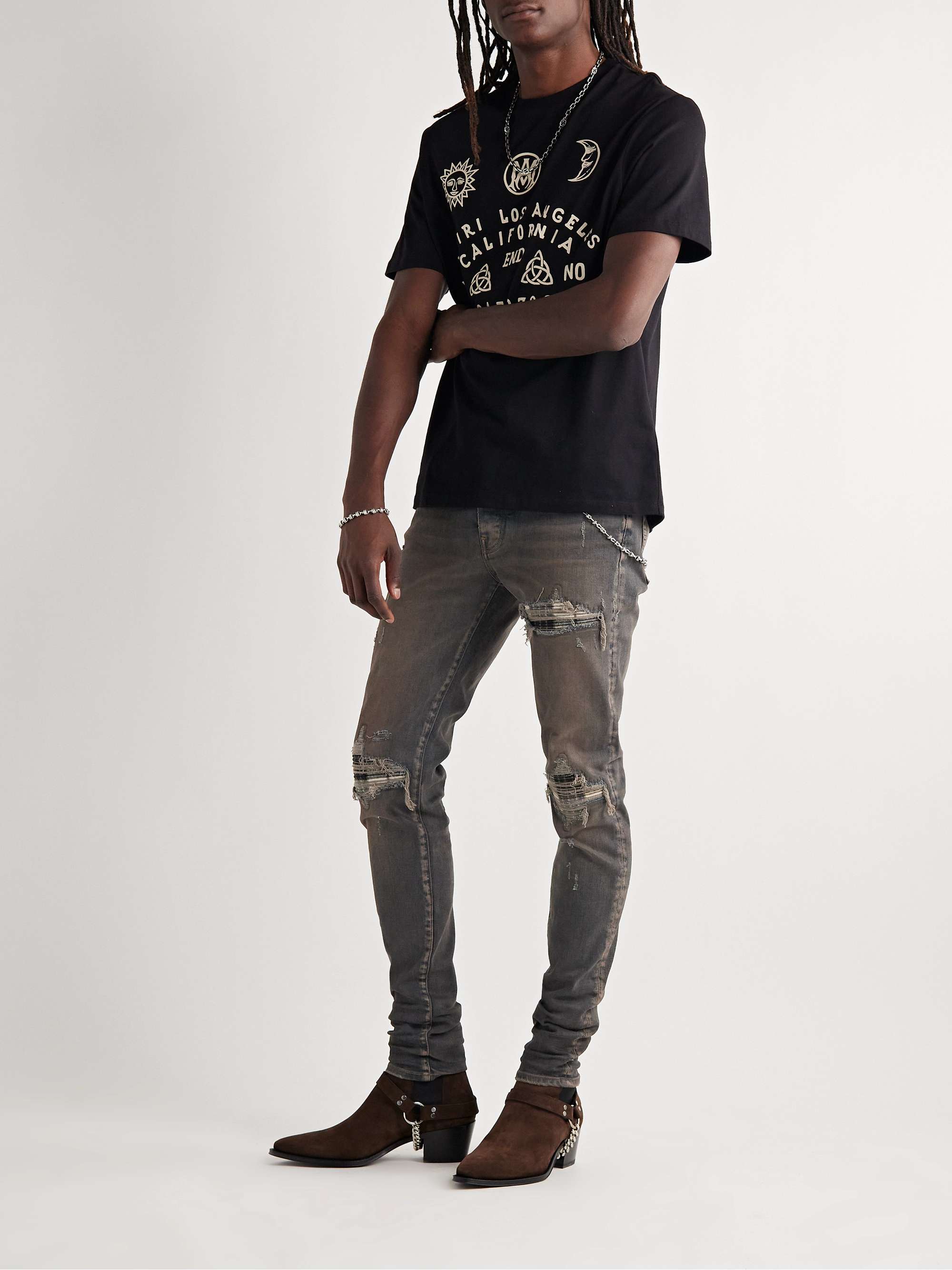 AMIRI MX1 Skinny-Fit Checked Flannel-Panelled Distressed Jeans
