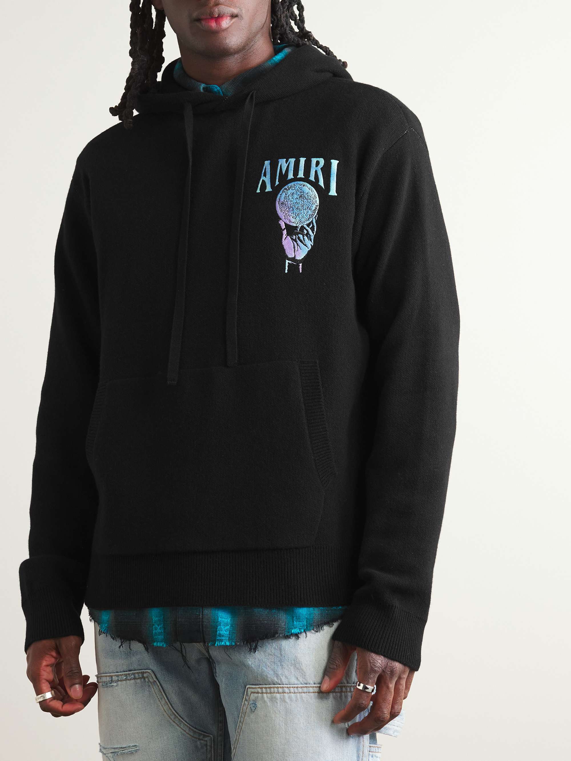 AMIRI Crystal Ball Logo-Embroidered Intarsia Cashmere-Blend Hoodie