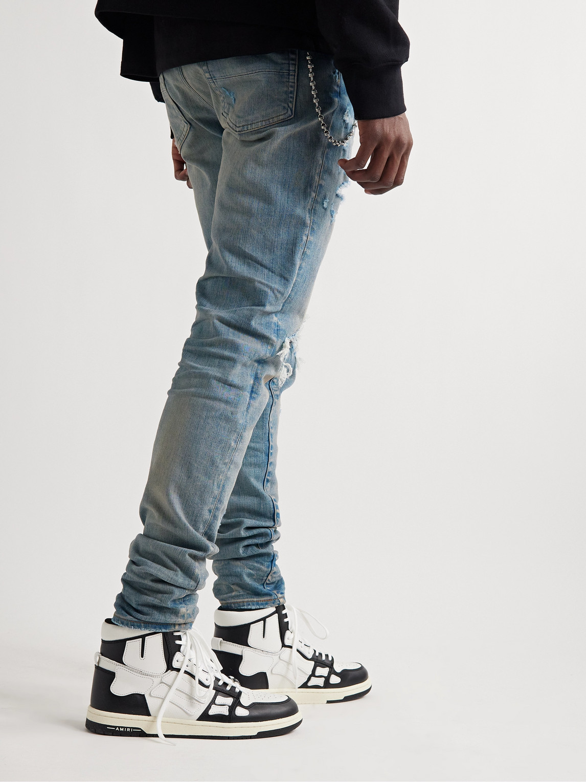Shop Amiri Mx1 Skinny-fit Panelled Distressed Jeans In Blue