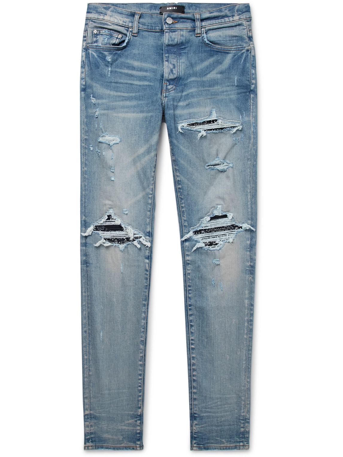 Shop Amiri Mx1 Skinny-fit Panelled Distressed Jeans In Blue