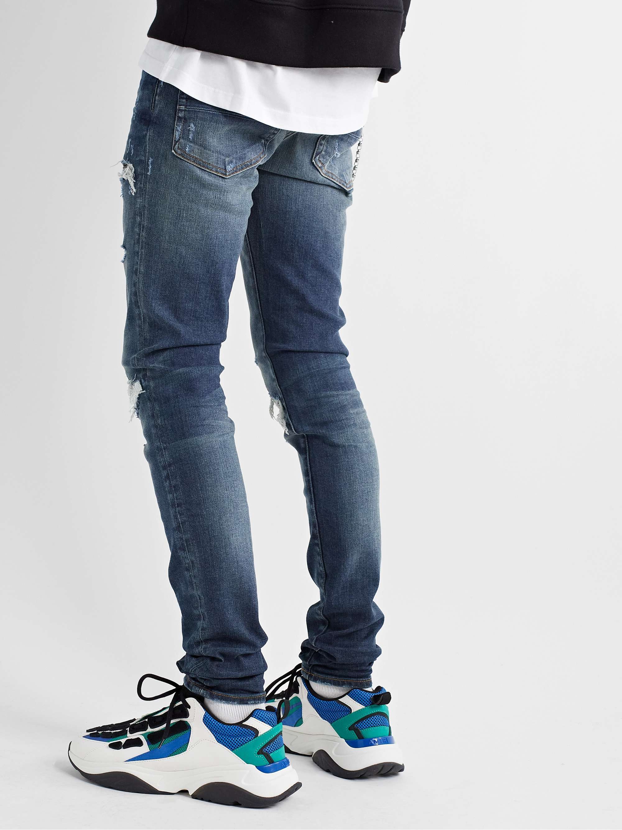 AMIRI MX1 Skinny-Fit Distressed Leather-Panelled Jeans