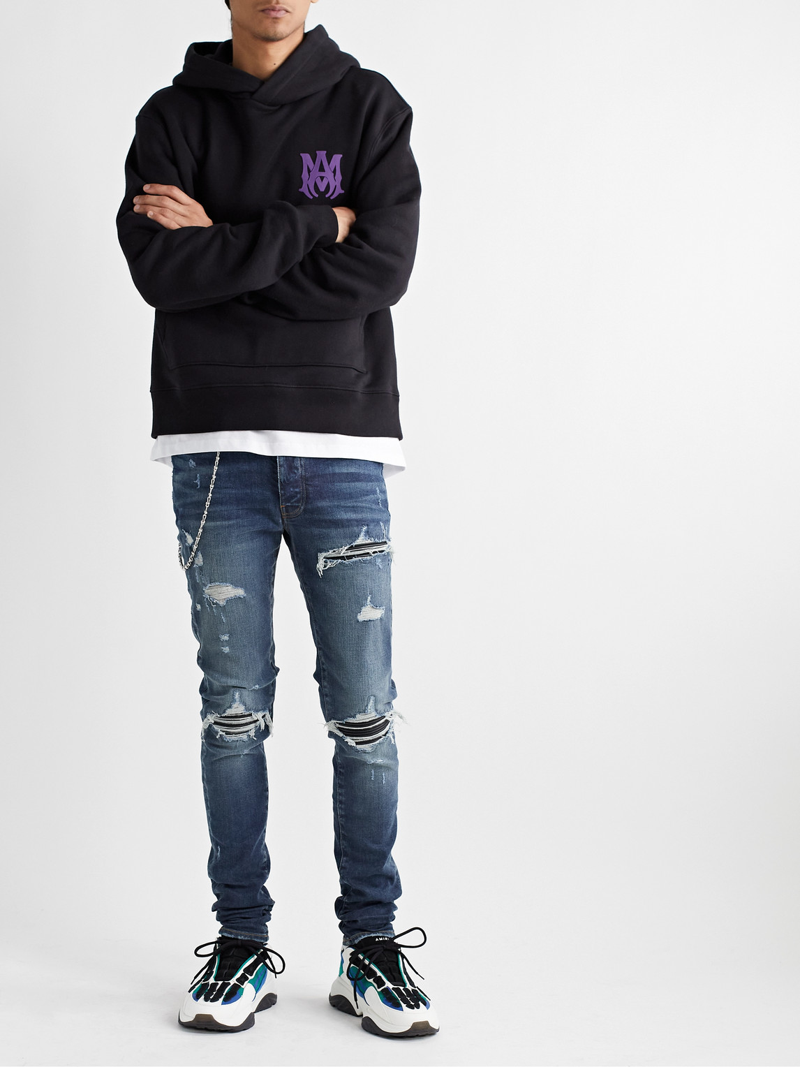 Amiri Mx1 Skinny-fit Panelled Distressed Jeans In Blue