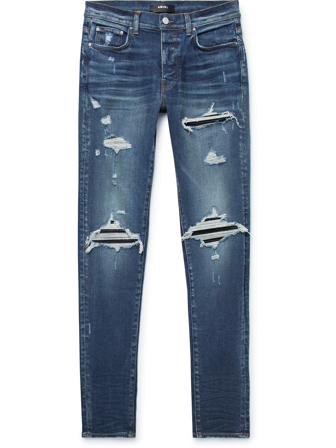 Amiri Mx1 Skinny-fit Panelled Distressed Jeans In Blue