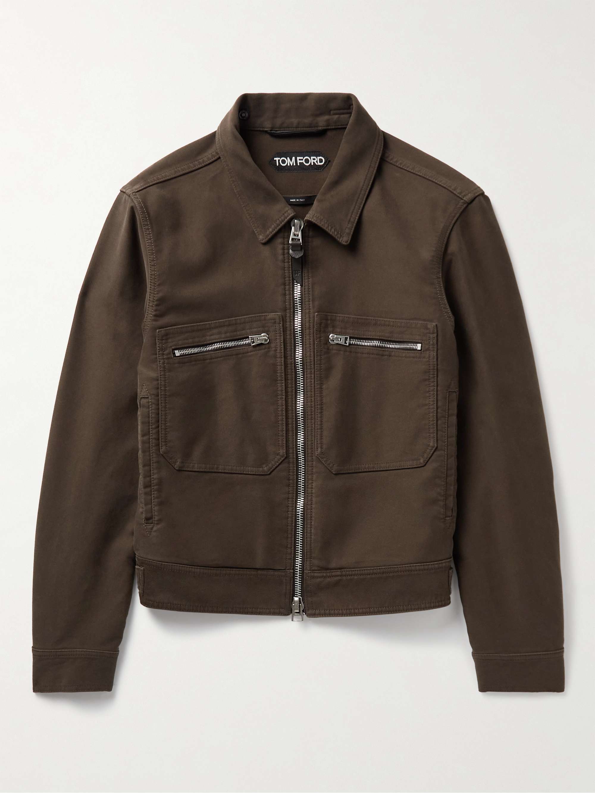 TOM FORD Leather-Trimmed Brushed-Cotton Trucker Jacket