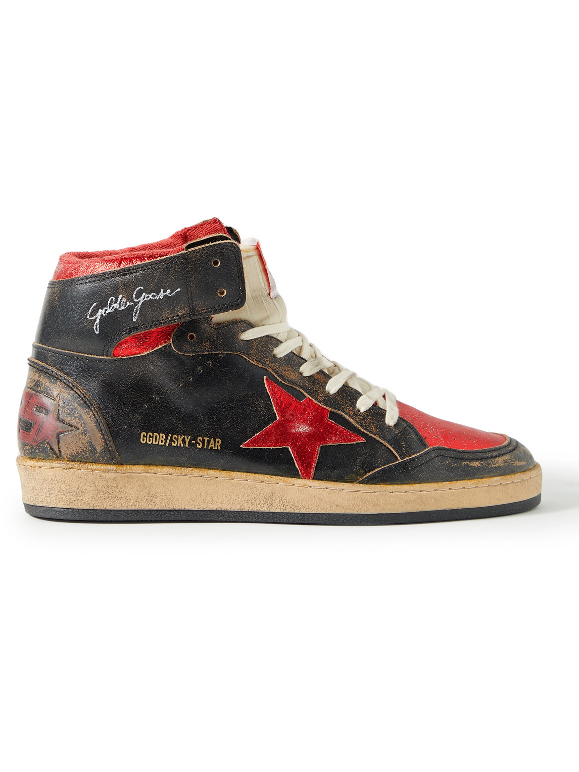 GOLDEN GOOSE SKY STAR DISTRESSED LEATHER HIGH-TOP SNEAKERS