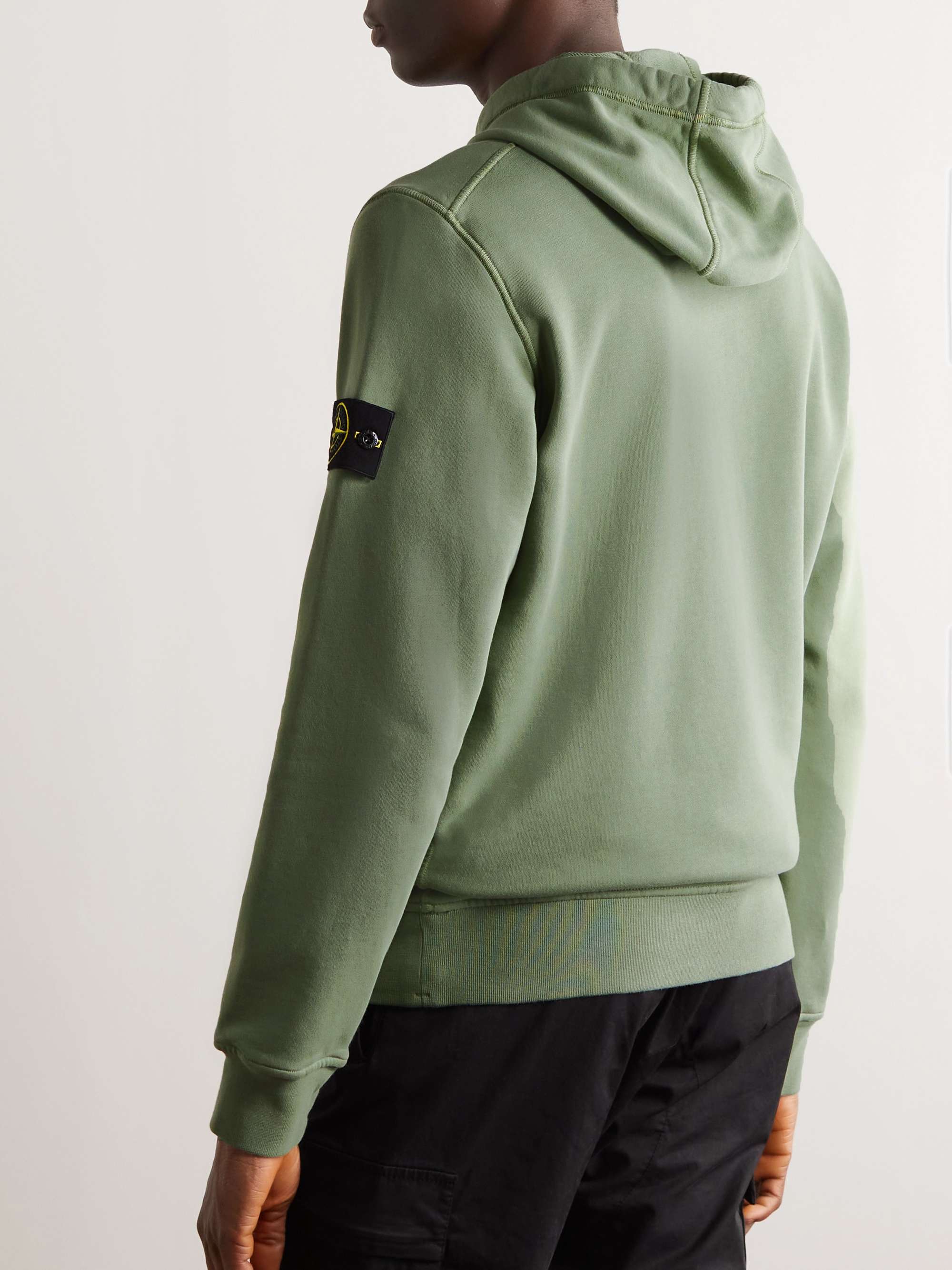 STONE ISLAND Garment-Dyed Logo-Appliquéd Cotton-Jersey Hoodie
