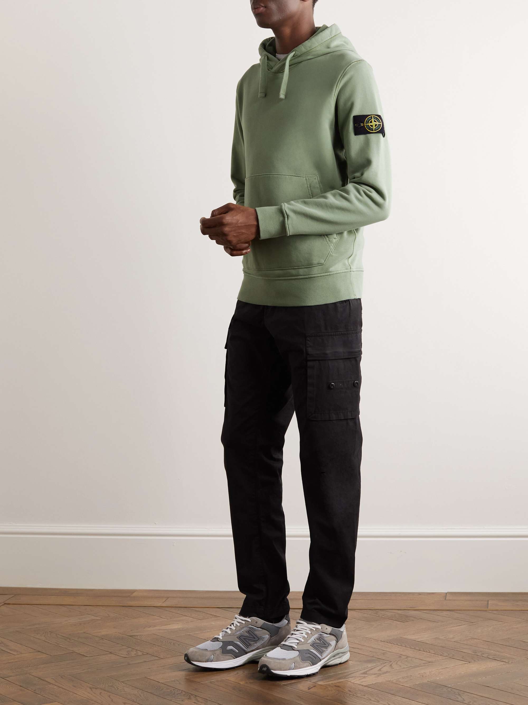 STONE ISLAND Garment-Dyed Logo-Appliquéd Cotton-Jersey Hoodie