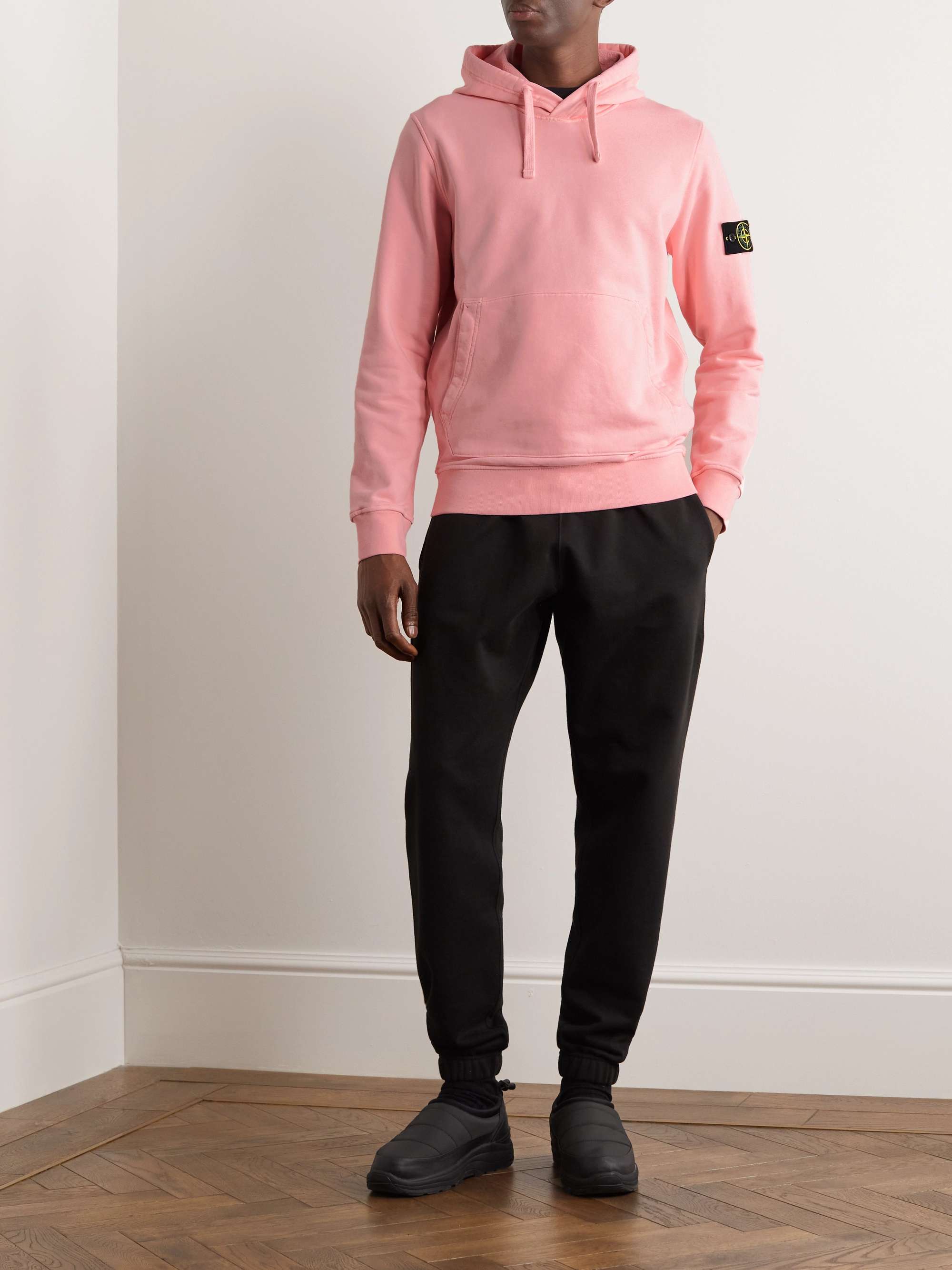 STONE ISLAND Garment-Dyed Logo-Appliquéd Cotton-Jersey Hoodie
